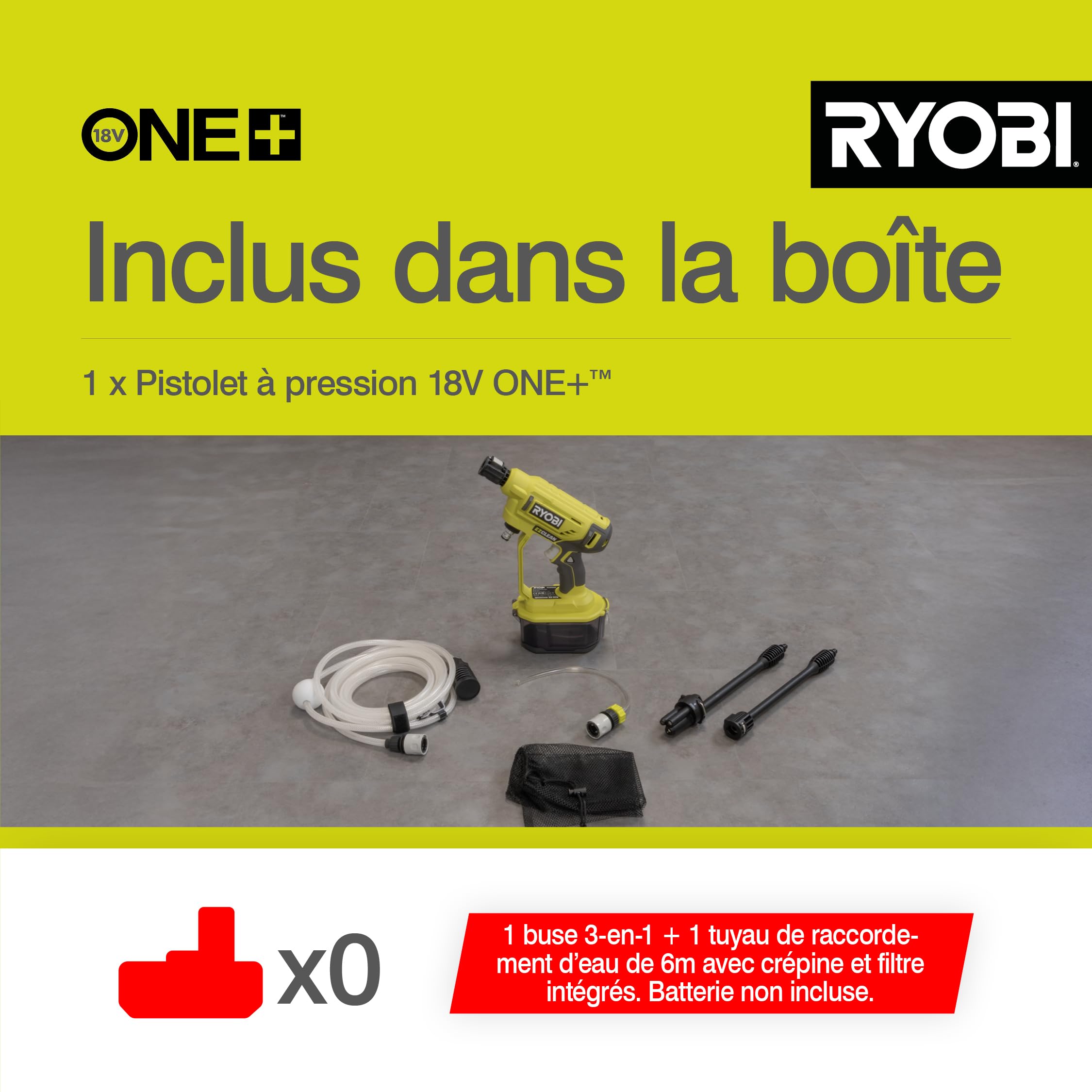 RYOBI - Pistolet Haute Pression sans Fil 18V One+ RY18PW22A-0 – Pression 22 Bar, Réservoir Eau, Léger et Mobile, Nettoyage léger et Rinçage Uniquement – Batterie Non Incluse