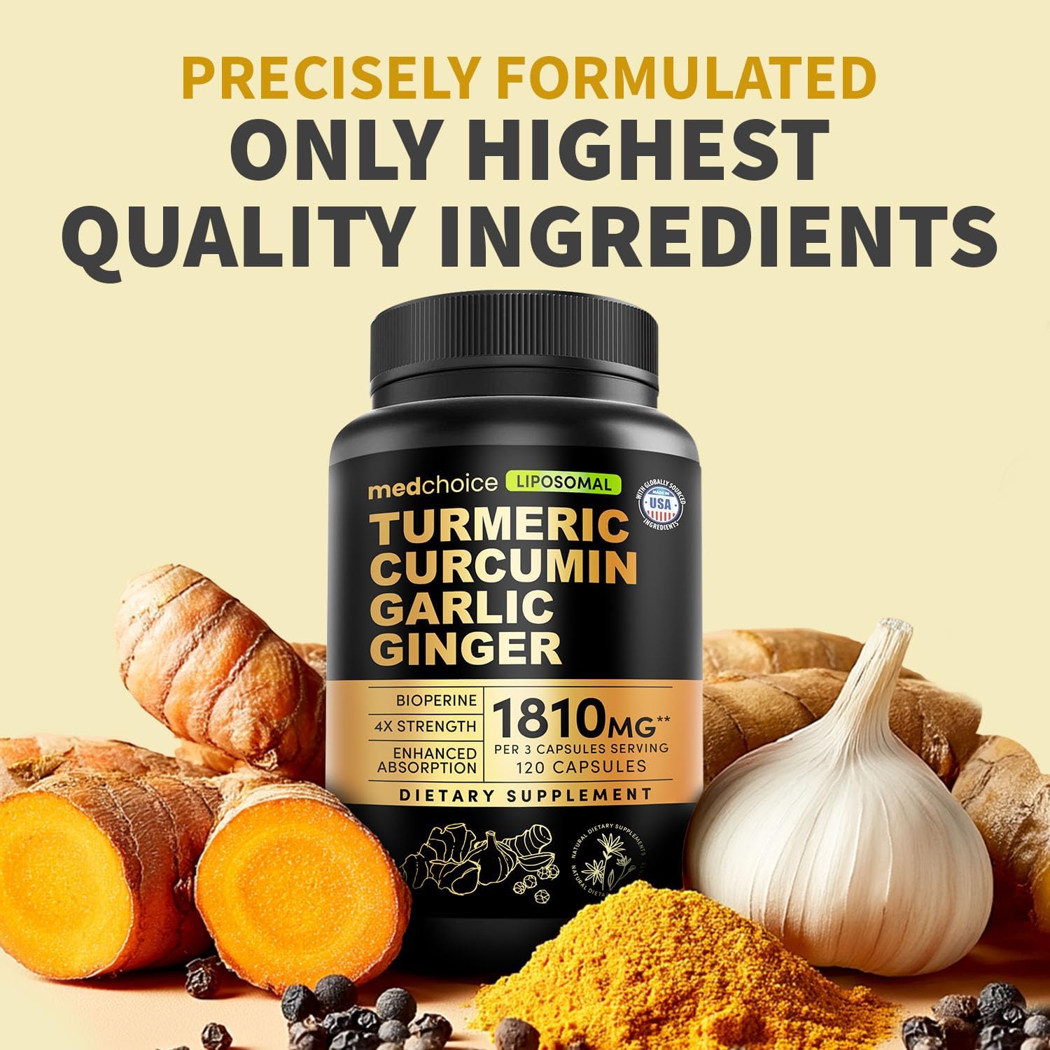 Liposomal Turmeric - High-Absorption Curcumin Supplements, Non-GMO Blend for Digestive Comfort & Daily Support - Organic Turmeric Supplement with Black Pepper (120ct, Pack of 1)