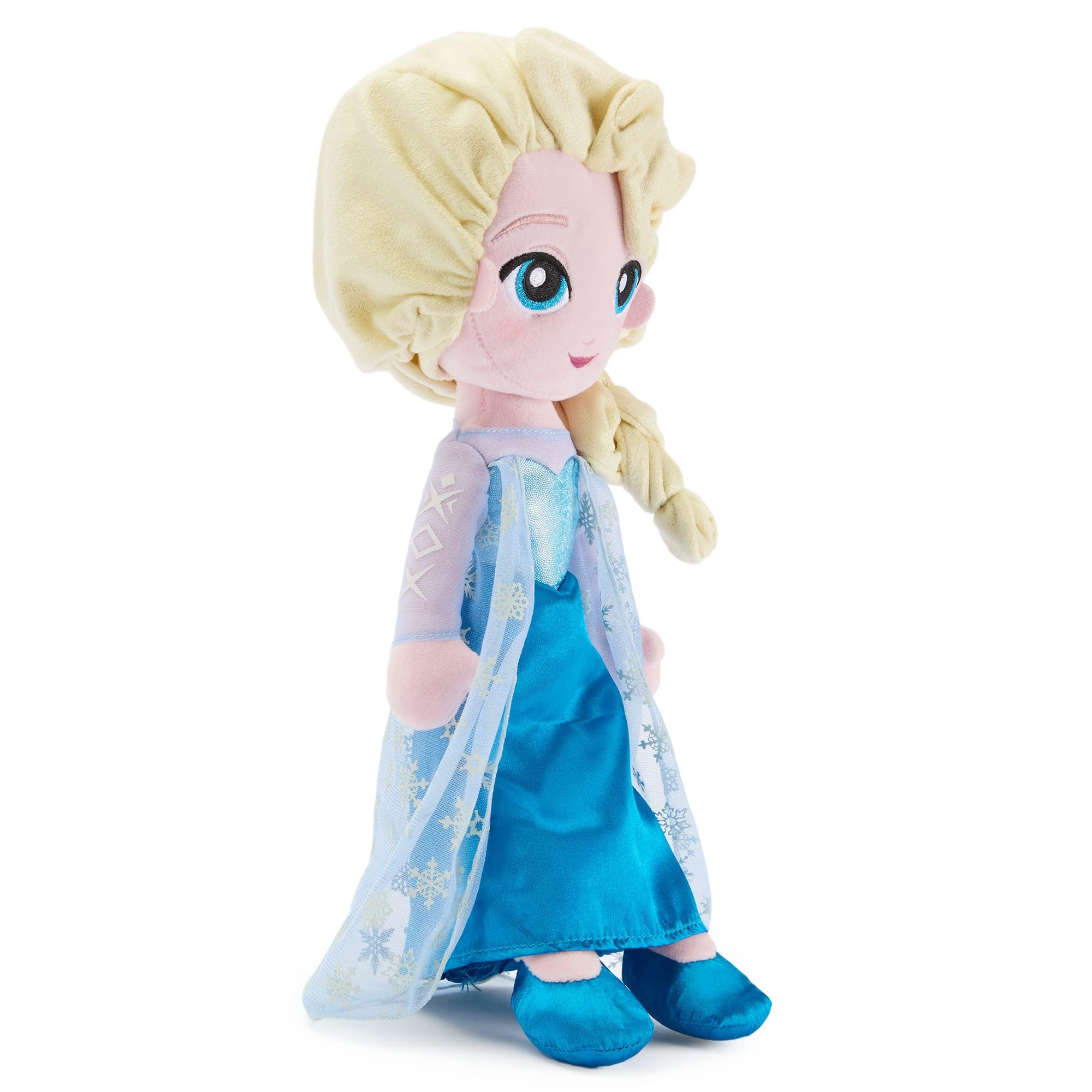 Disney Store Offizielle Elsa Plüschpuppe – Prinzessin Plüsch mit schimmerndem Schneeflocken-Umhang, schillerndem metallischem Mieder, Satinrock und gestickten Merkmalen – Frozen Toys – 35,6 cm