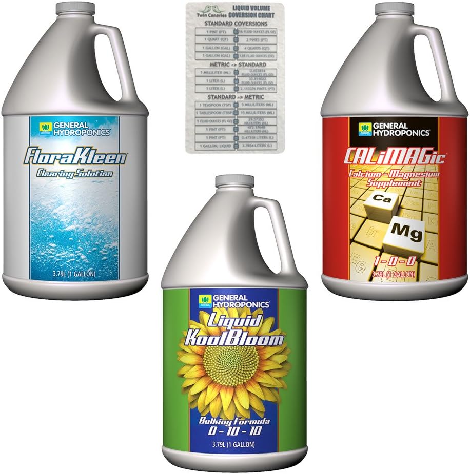 General Hydroponics 3 Pack Bundle: FloraKleen Clearing Solution, Liquid KoolBloom & CaliMagic + Twin Canaries Chart - 1 Gallon Each