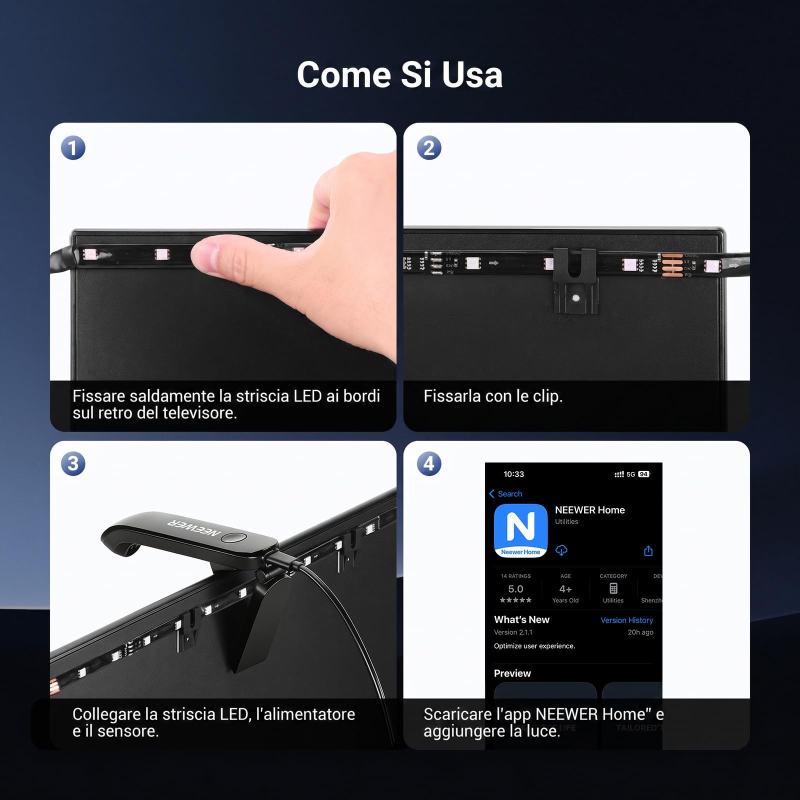 NEEWER BASICS Retroilluminazione LED per TV 75"-85",Striscia LED RGB 5m con Sensore Cambio con TV, On/Off Programmato,Sinc del Colore a Ritardo Zero,Sinc Musicale,24 Effetti Scena,Controllo App,NS03