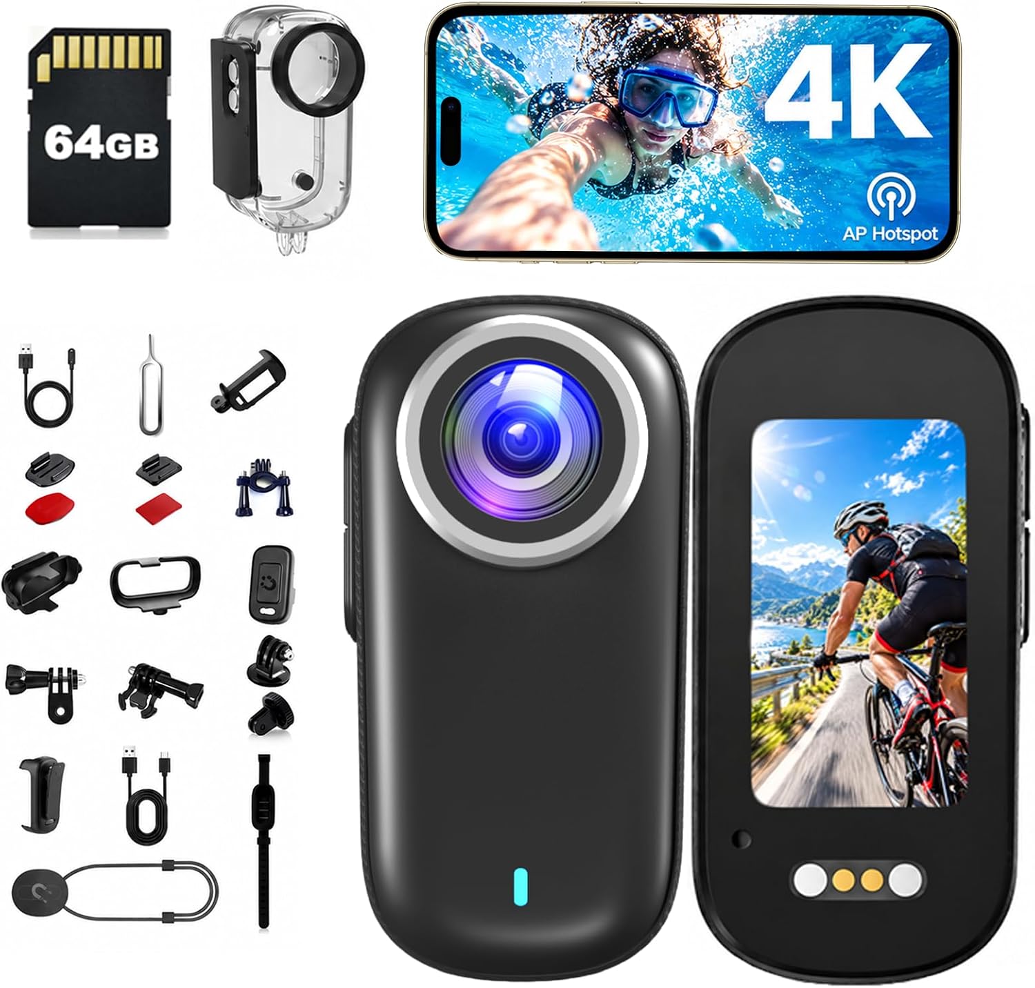POV Camera, Action Camera 4K, 64GB Clip Body Cam with 1200 mAh Battery