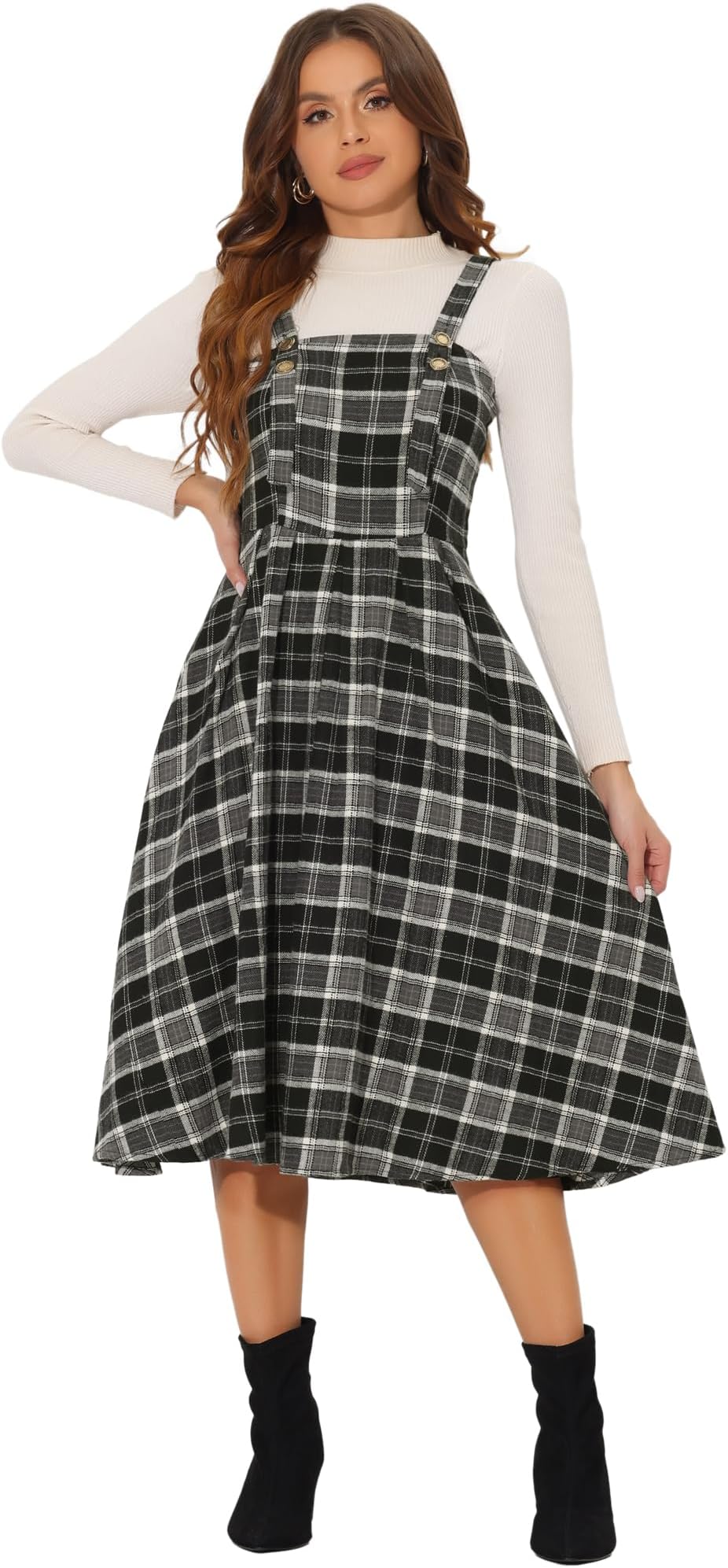 Allegra K Women's Plaid Overalls Vintage Sleeveless A-Line Overall Pinafore Dress Suspender Skirt