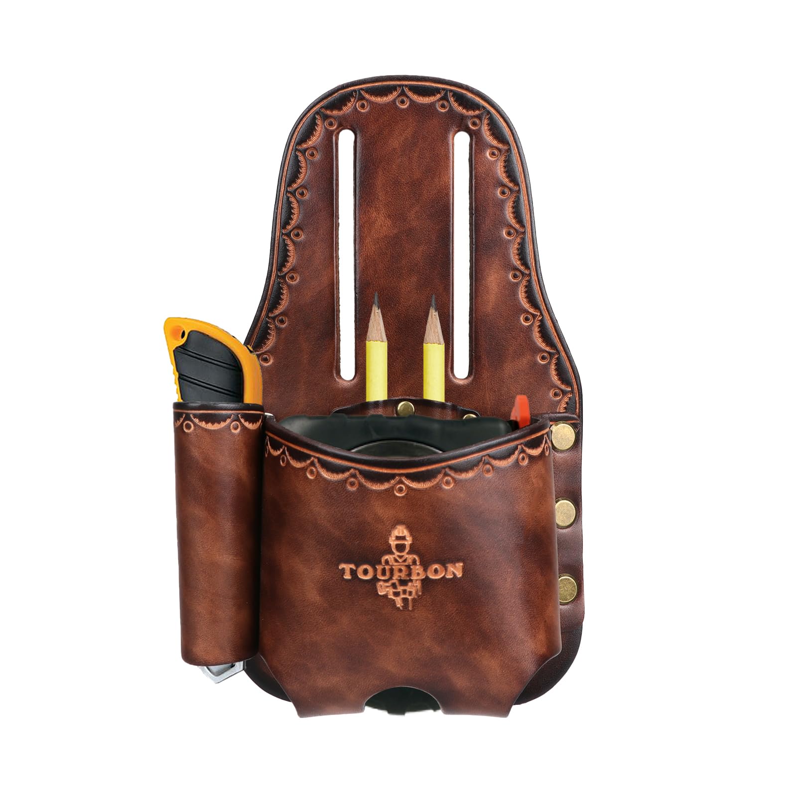 Tourbon Carpenters Leather Tape & Knife Holder Cutter Marking Measuring Pouch Tool Screwdriver Holster with 3 inch Loop for Belt