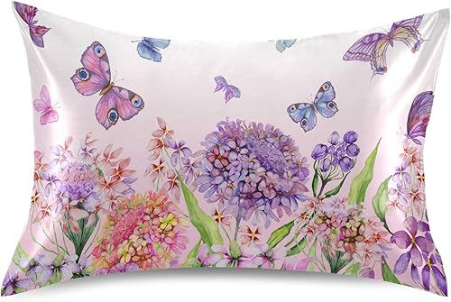 Funda de almohada de satén para cabello y piel, funda de almohada de seda tamaño King, diseño de flores de hortensias, mariposas florales, fundas de