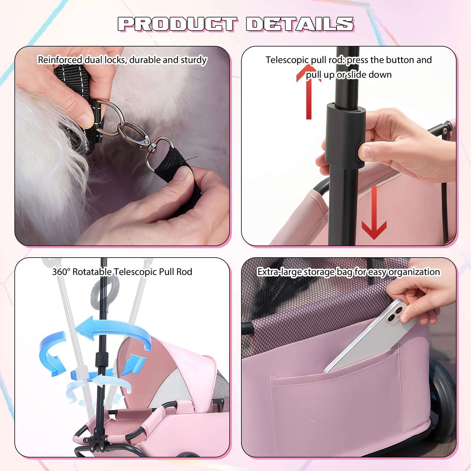 Chariot pour chien pliable à 4 roues avec barre pivotante à 360 ° - Chariot pour chat avec visière - Mini poussette pour animaux de compagnie - Tissu Oxford 600D (rose)