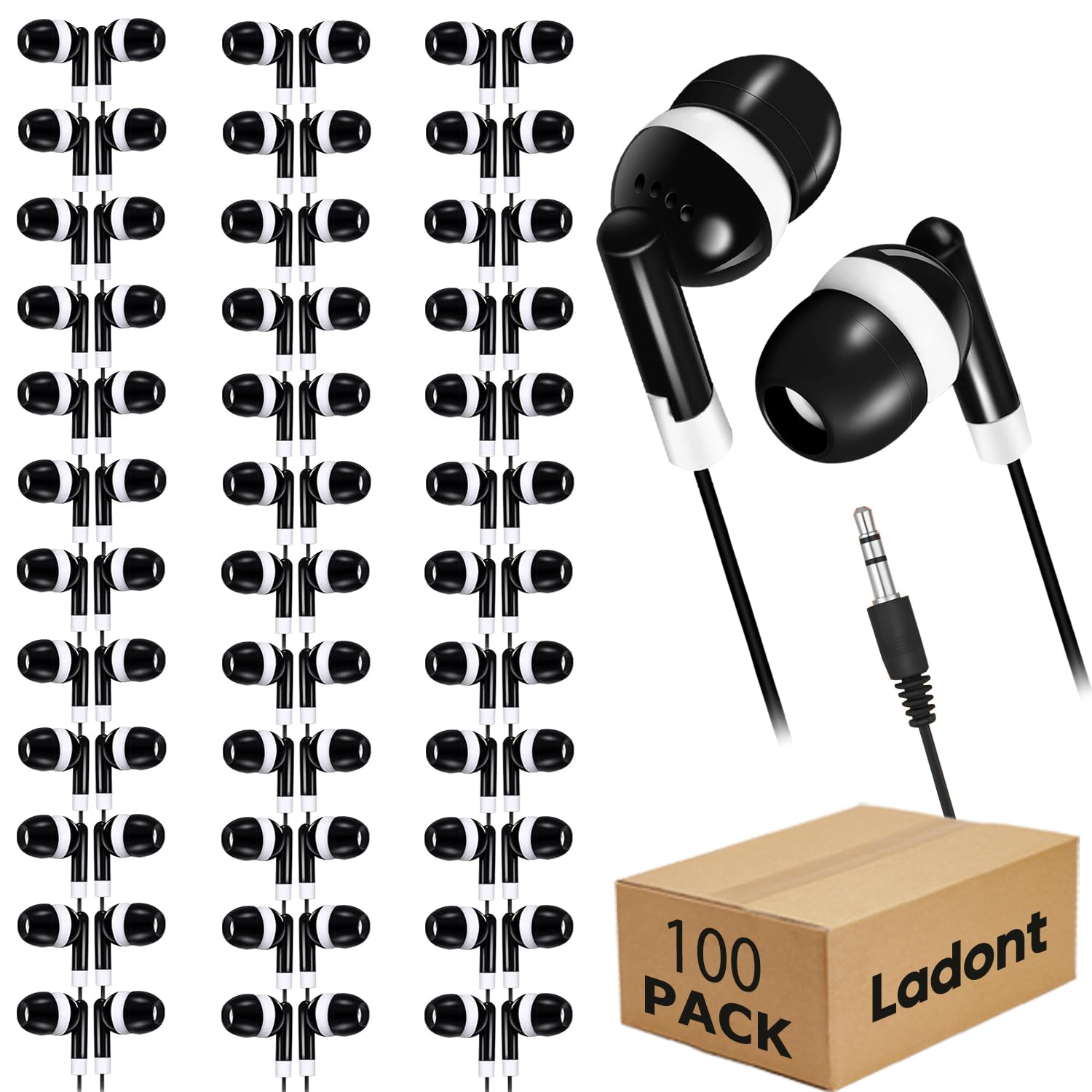 100er-Pack Kinder-Ohrhörer für Klassenzimmer, kabelgebundene Kopfhörer für Studenten, Schul-Kopfhörer für Computer-Labors, Audiometer, In-Ear für Online-Lernen und Chromebook (schwarz)