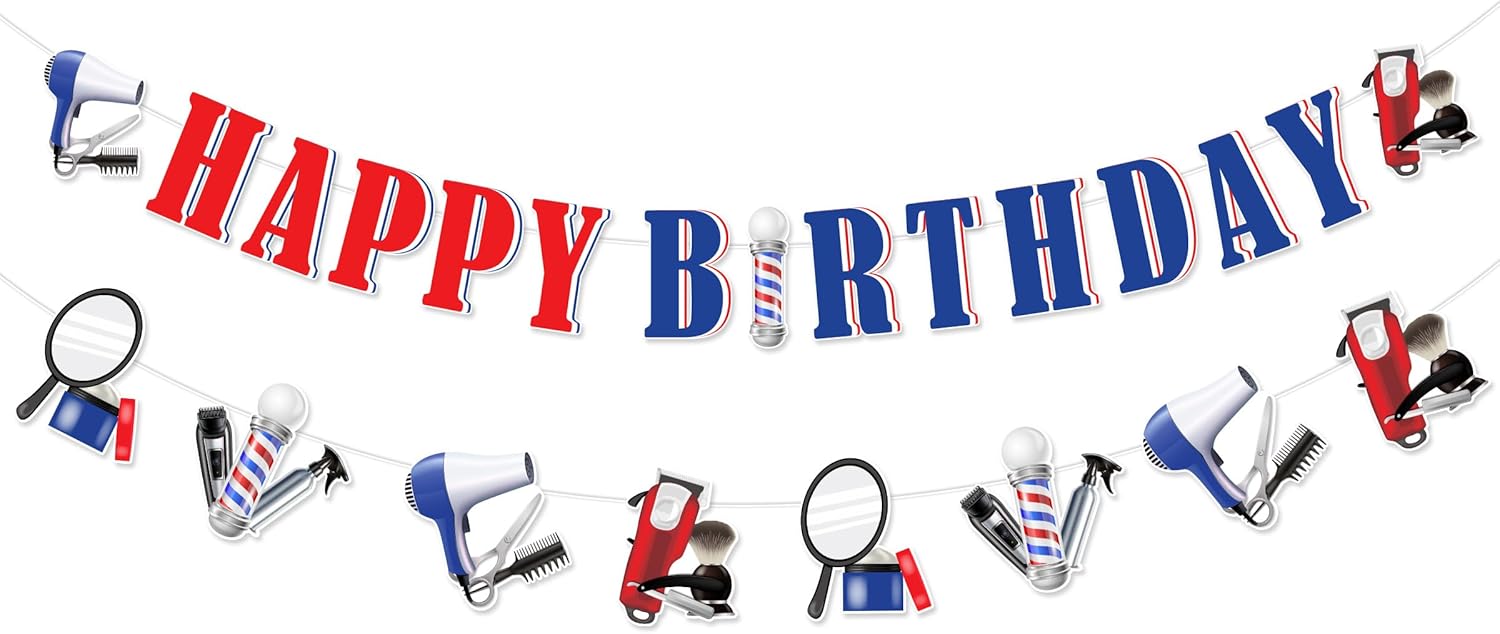 Barber Birthday Party Decorations, Barber Happy Birthday Banner Barbershop Hairstylist Theme Garland Pre-Strung for Boy Haircut Salon Hairdresser Cosmetology Birthday Party Supplies