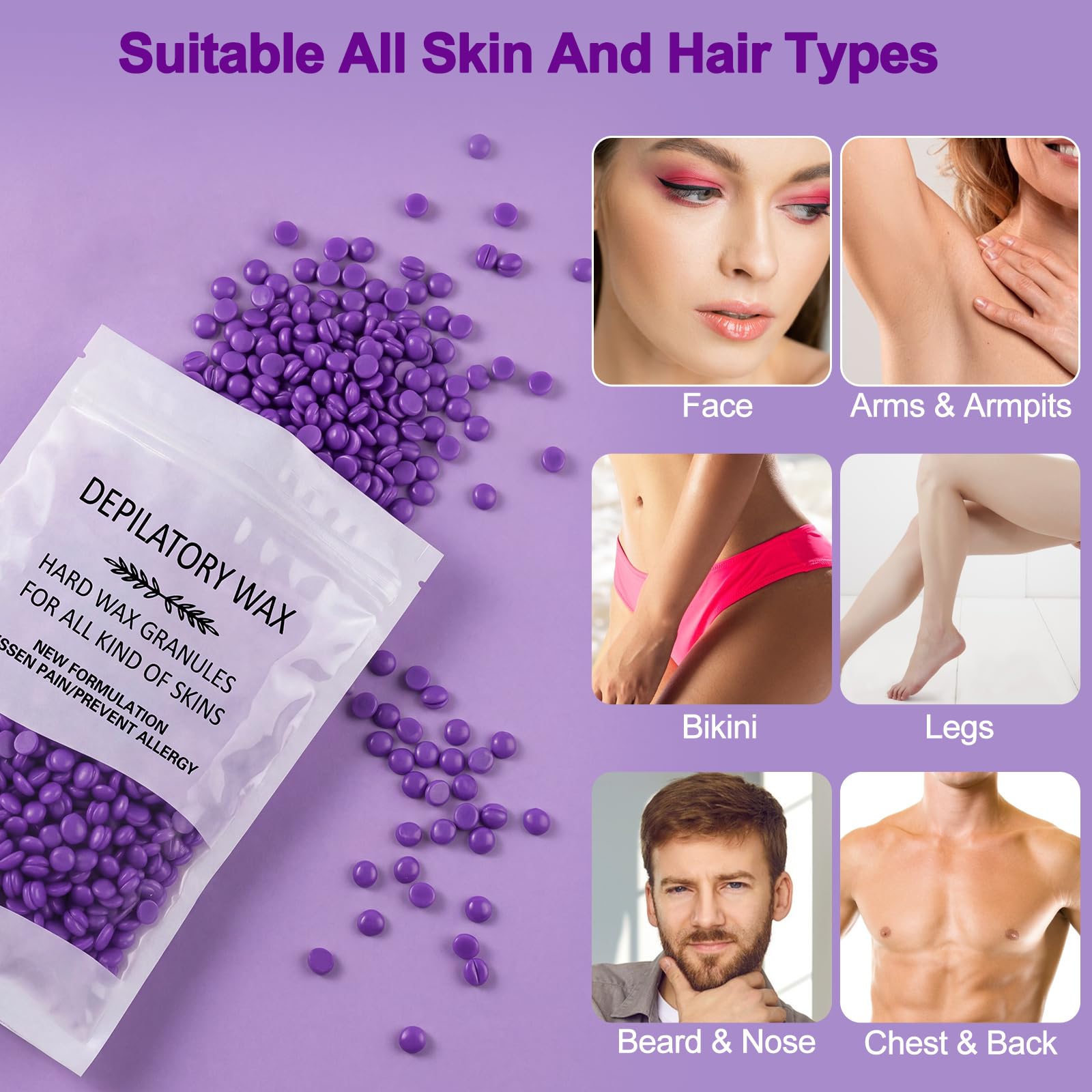 Chauffe Cire Épilation à la Cire Chaude Professionnelle 500ml, Wolady Smart Appareil à Cire Avec 4 Sachets Cire et 10pcs Bâtons Épilation Visage Bras Jambes Aisselles (Noir)