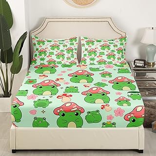 Homewish Mushroom Frog Bedding Set Full Size Cute Mushroom Fitted Sheet 3pcs for Kids Girls Boys Bedroom Decor Cartoon Animals Plants Deep Packet Sheet Pink Green Bed Sheet,2 Pillowcases