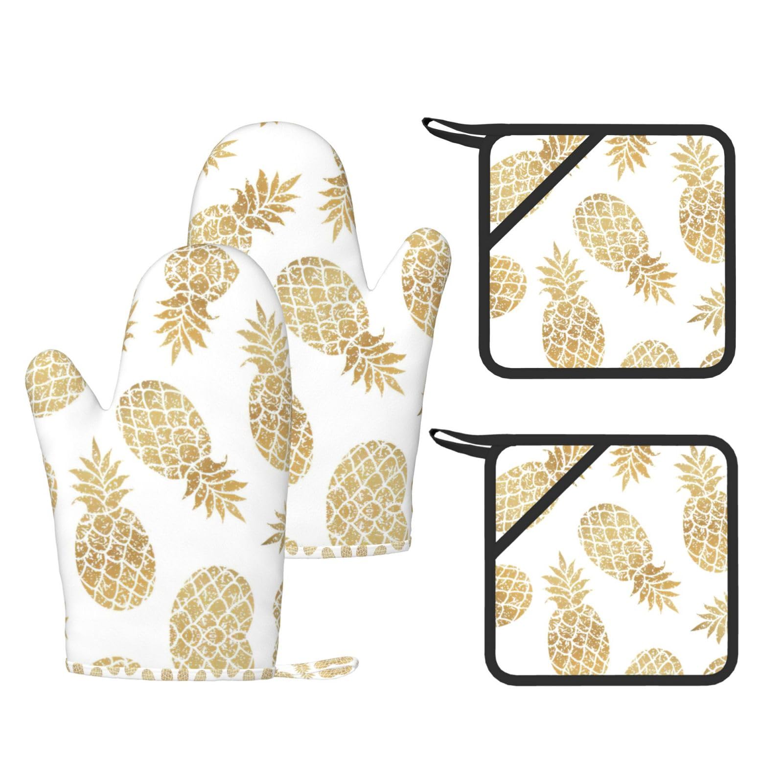 golden pineapple background Printed Oven Mitts and Pot Holders Set of 4, Heat Resistant Silicone Gloves for Baking Grilling