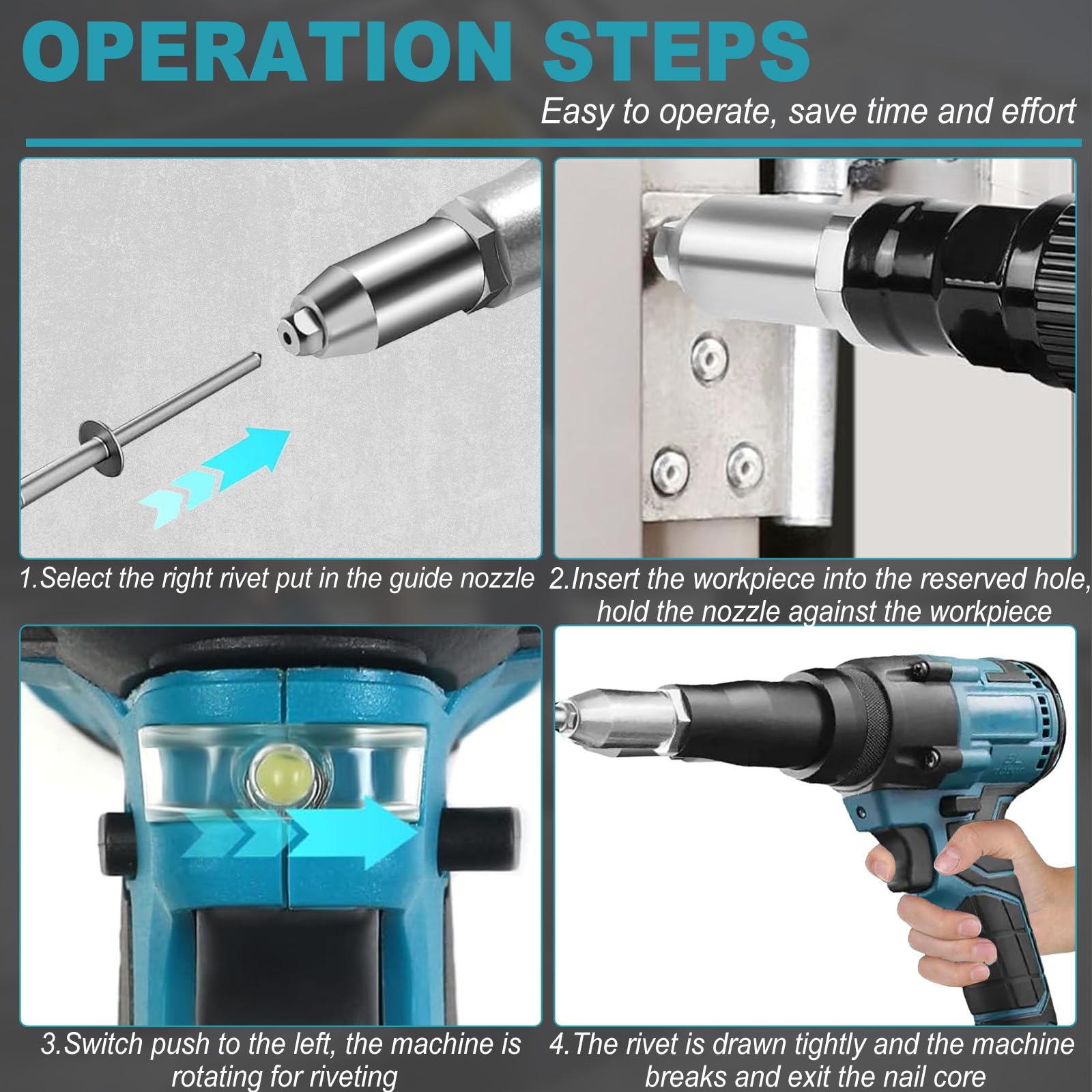 Pistola Remachadora Eléctrica Compatible con Baterías Makita de 18V, 25000N Remachadora a Batería para Remaches Ciegos de 2,4-4,8 mm (sin batería)‌