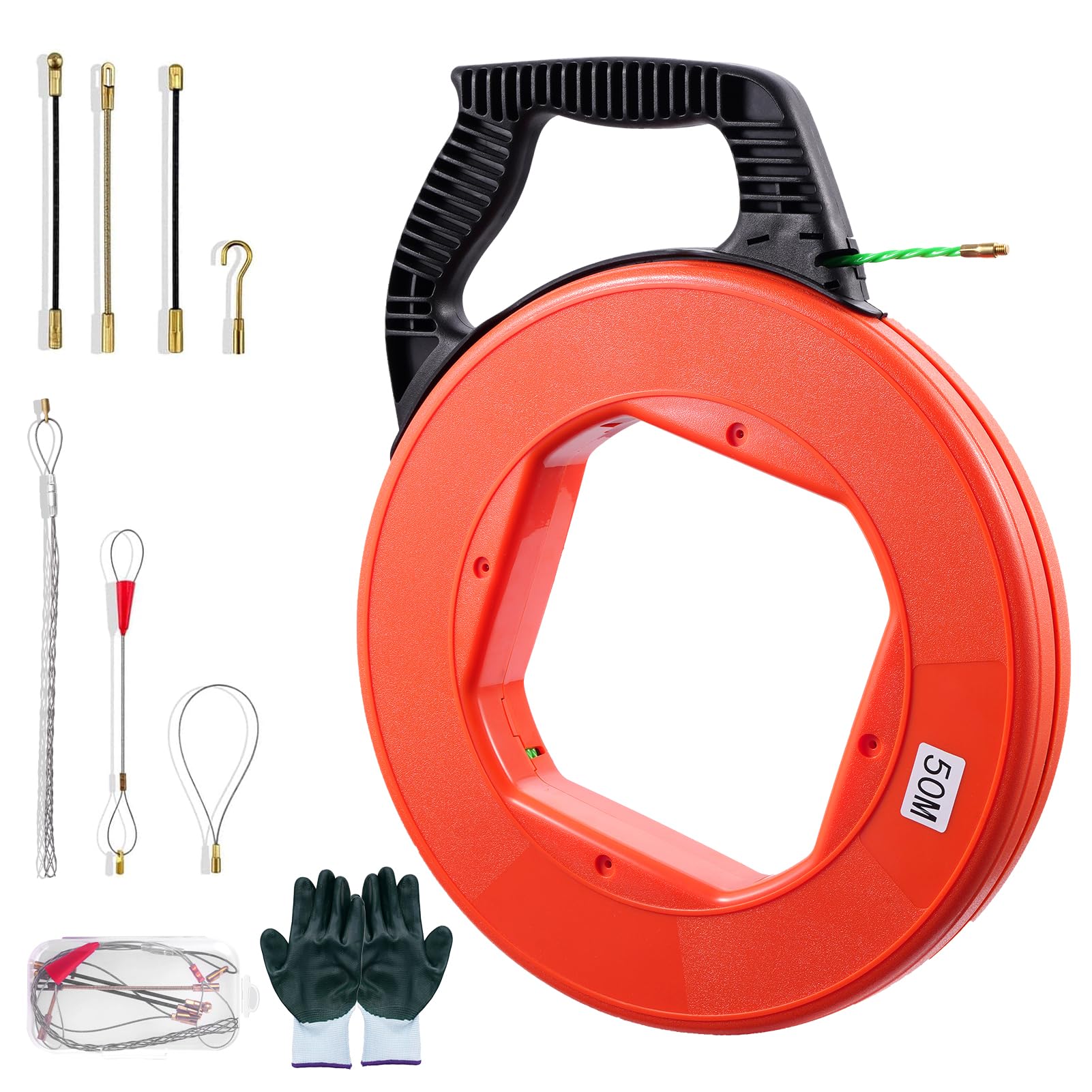 Cable Pulling Aid 4.5 mm 50 m, Retractable Spiral 50 m, Retractable Aid for Cables with 7 Guide Springs, Cable Pulling Aid with Plastic Housing for Electrical Work Telecommunications Data Cabling