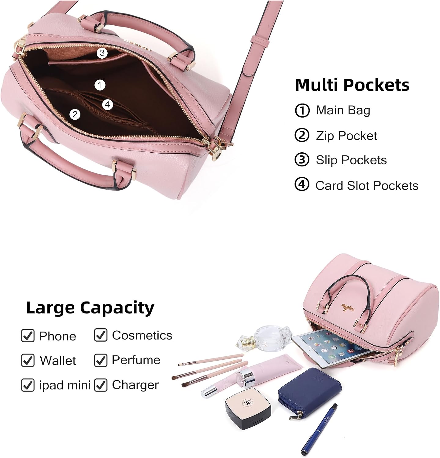 Angel Kiss Women Satchel Purses and Handbags Vegan Leather Boston Barrel Bag Top Handle Shoulder Purse with Crossbody Strap image 5