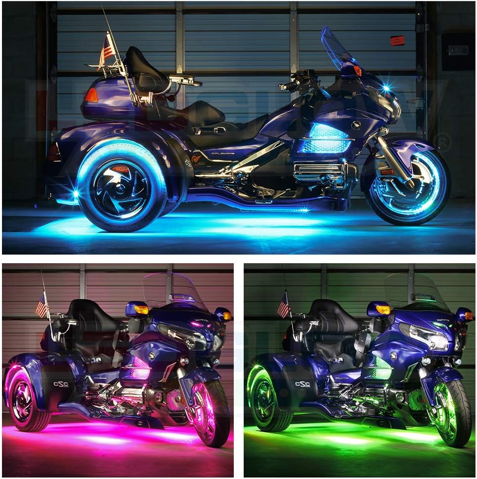 LEDGlow 20pc LiteTrike Advanced Million Color LED Kit with Wheel Well Lights for Trike Motorcycles - 15 Solid Colors - 6 Patterns - Flexible Multi-Color Strips - Waterproof Control Box & Remotes