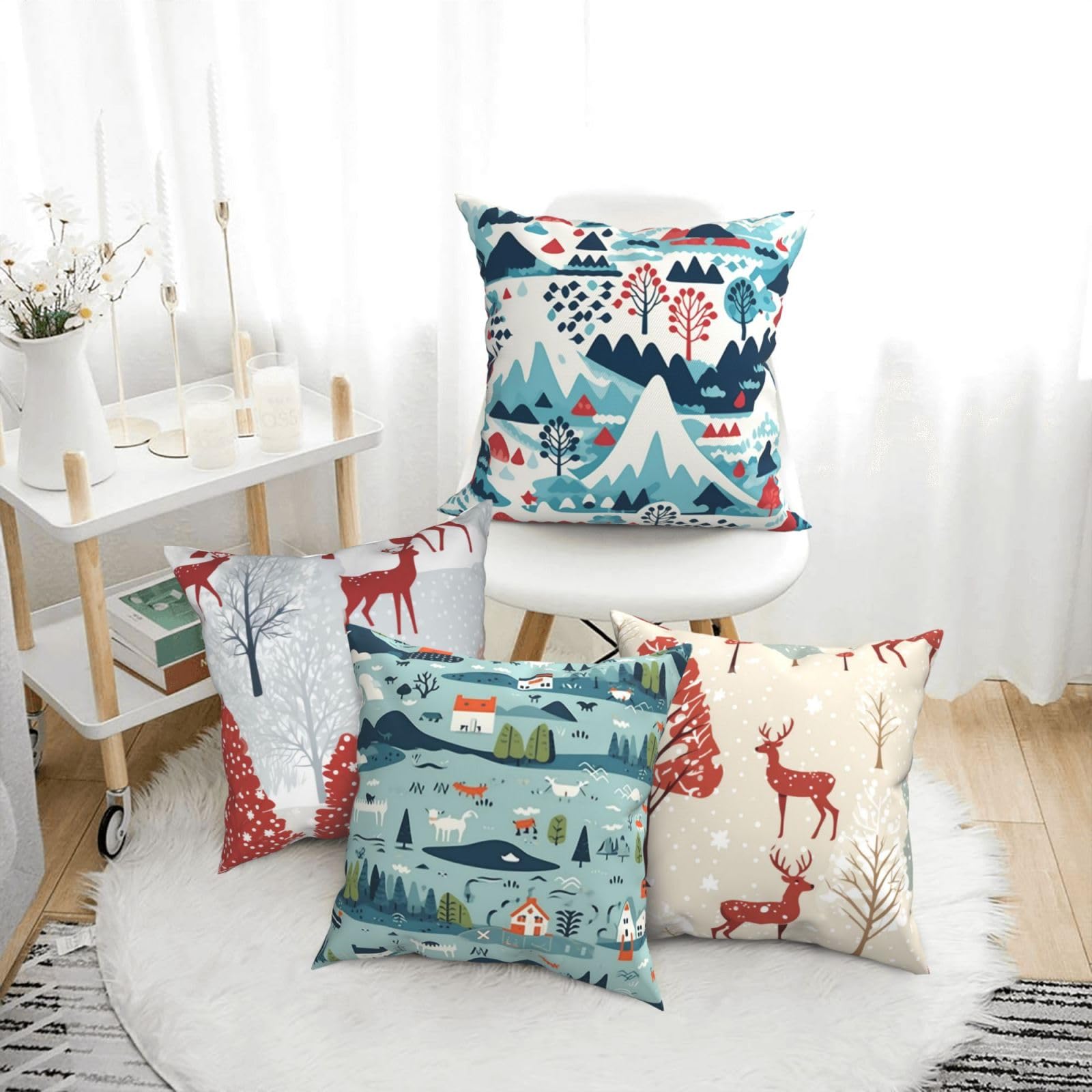 Fundas de Cojines Juego de 4 45x45cm Funda Cojin Lino Navidad Cojines Decoracion Árbol Fundas de Cojín Cuadradas Impresión Doble Cara con Cremallera Oculta,para Sofá Cama Decoración Hogar18x18in