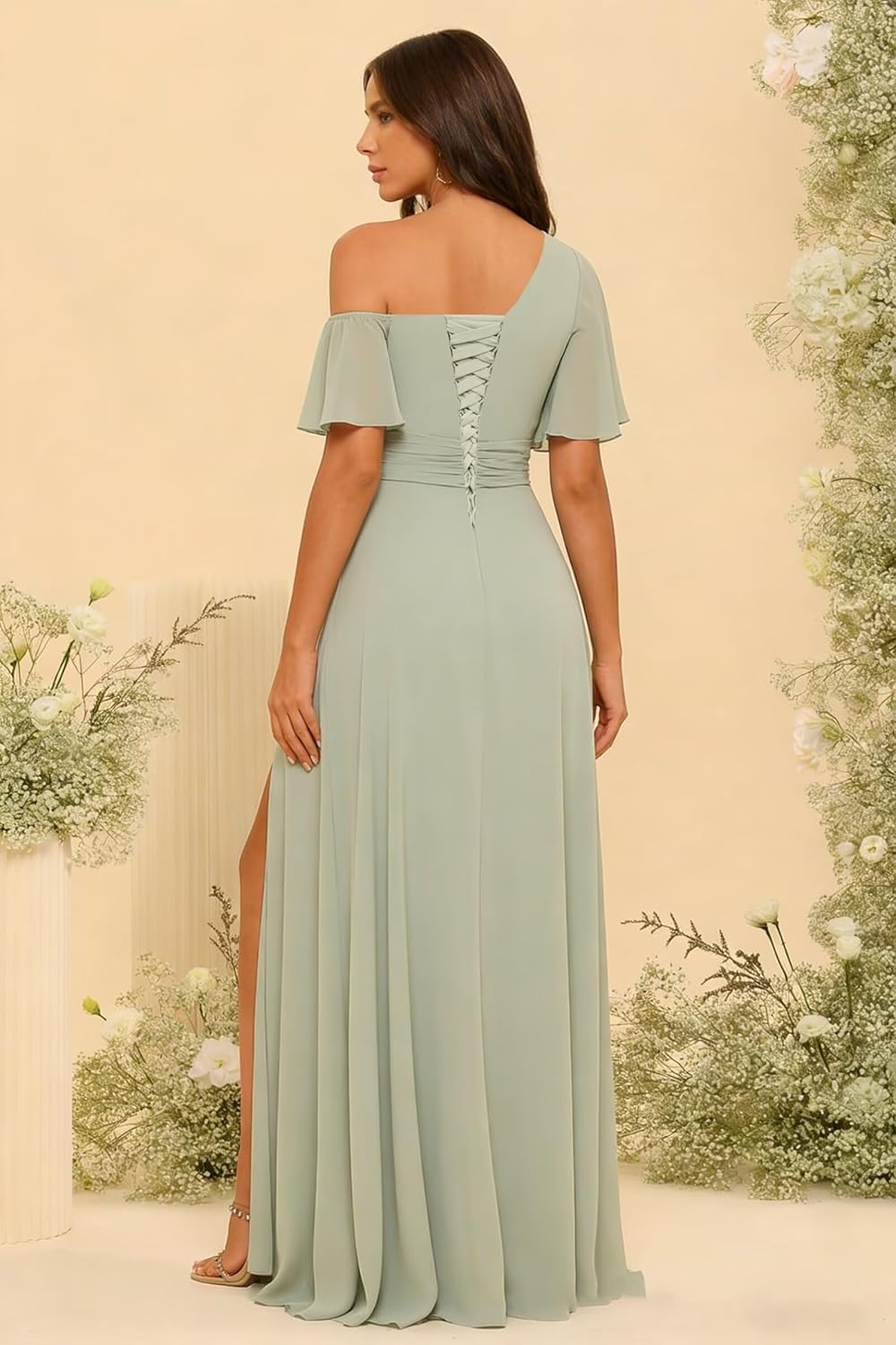 Clothfun One Shoulder Short Sleeve Chiffon Bridesmaid Dress Long High Waist Formal Dresses CYN060 - Image 2