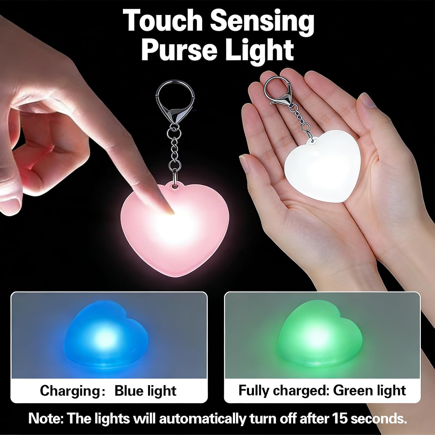 2 Pack Purse Light Handbag Light with Automatic Sensor Heart Light,Rechargeable Love Wallet Tote Bag Touch Sensing Light for Women,Wife,Girl,Valentien's Day Gift,LED Bag Light Night Lamp(Pink+White) - Image 4