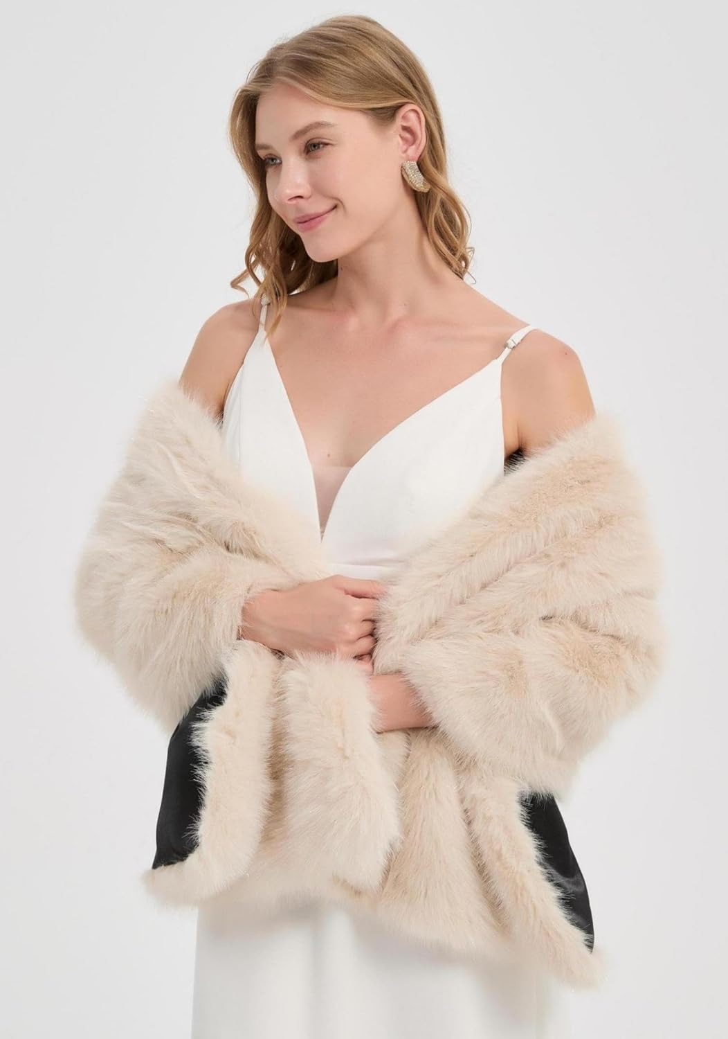 DJBM Women’s Fluffy Plus Size Silver Thread Faux Fur Shawl One Piece Ruched Winter Cover Ups Party Bridal Winter Wraps