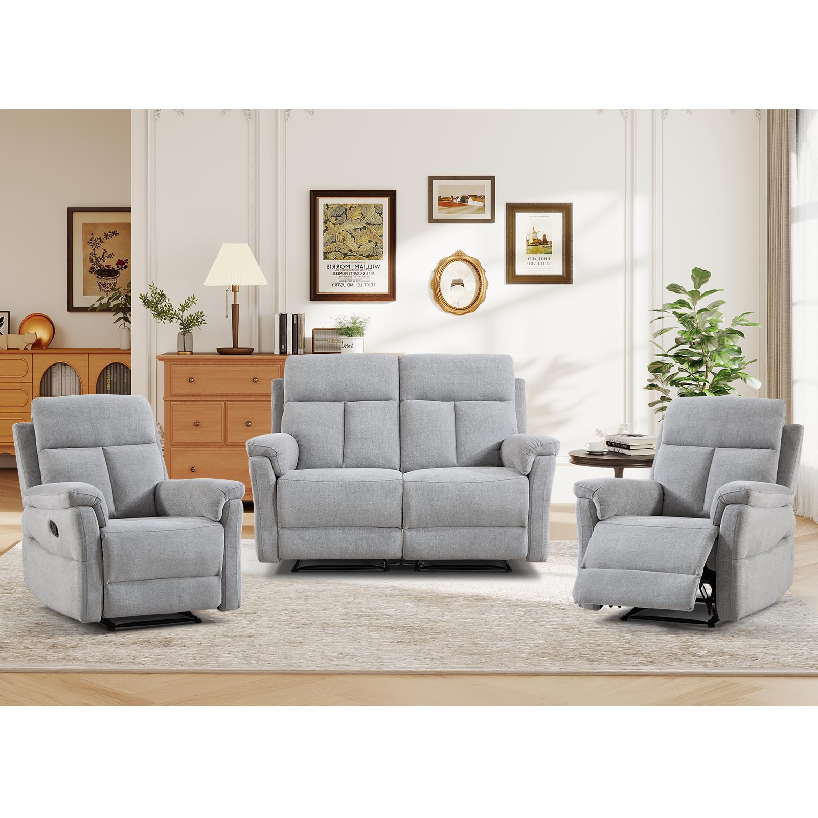 ANJ 3-Piece Manual Recliner Sofa Set, Two Recliner Chairs and One Reclining Loveseat with Overstuffed Backrest and Supportive Backrest, Fabric Reclining Couch Set for Living Room, Silver