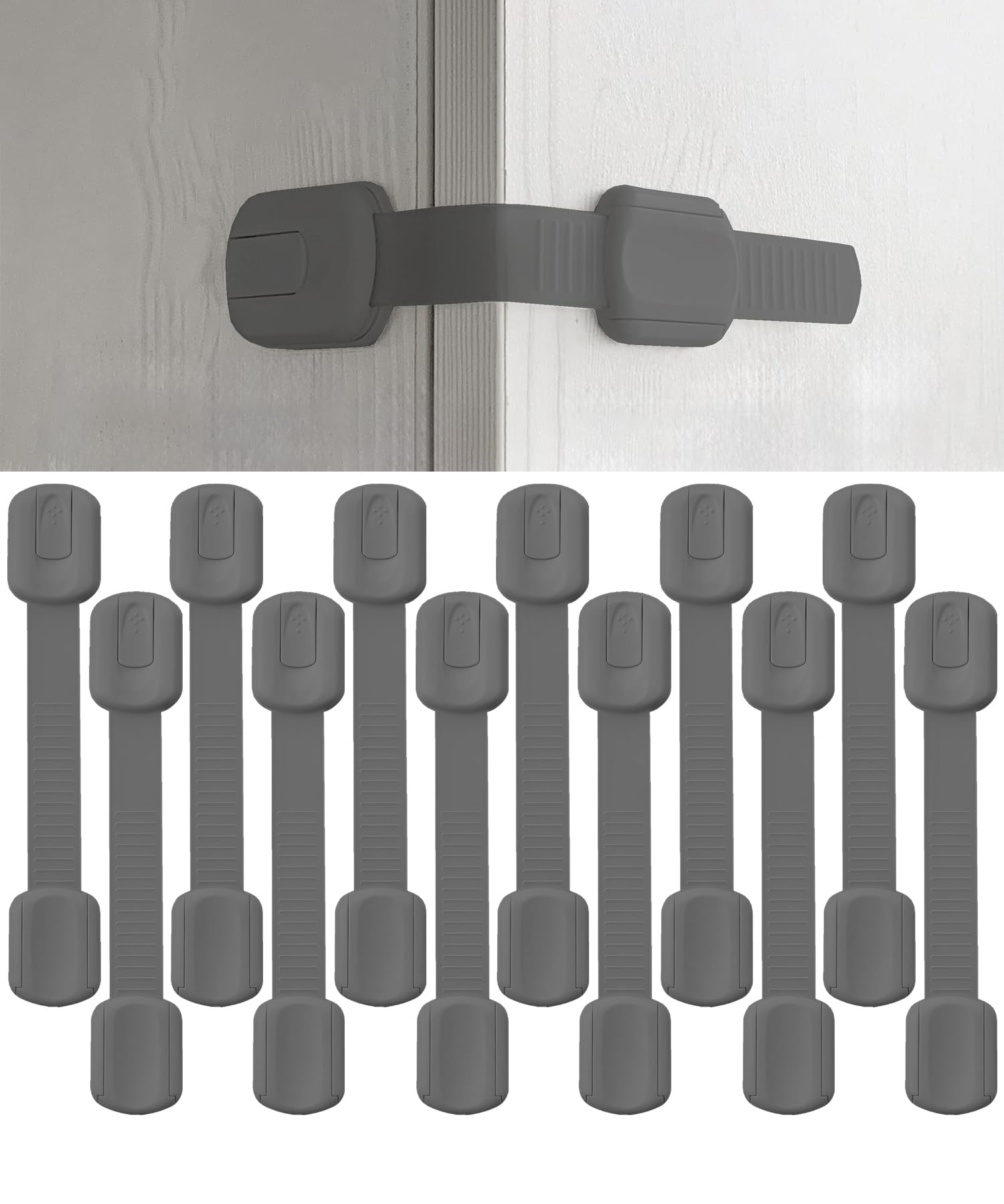 Bates- Child Safety Strap Locks, 12 Pack, Gray, Baby Cabinet Locks with Adjustable Strap Length