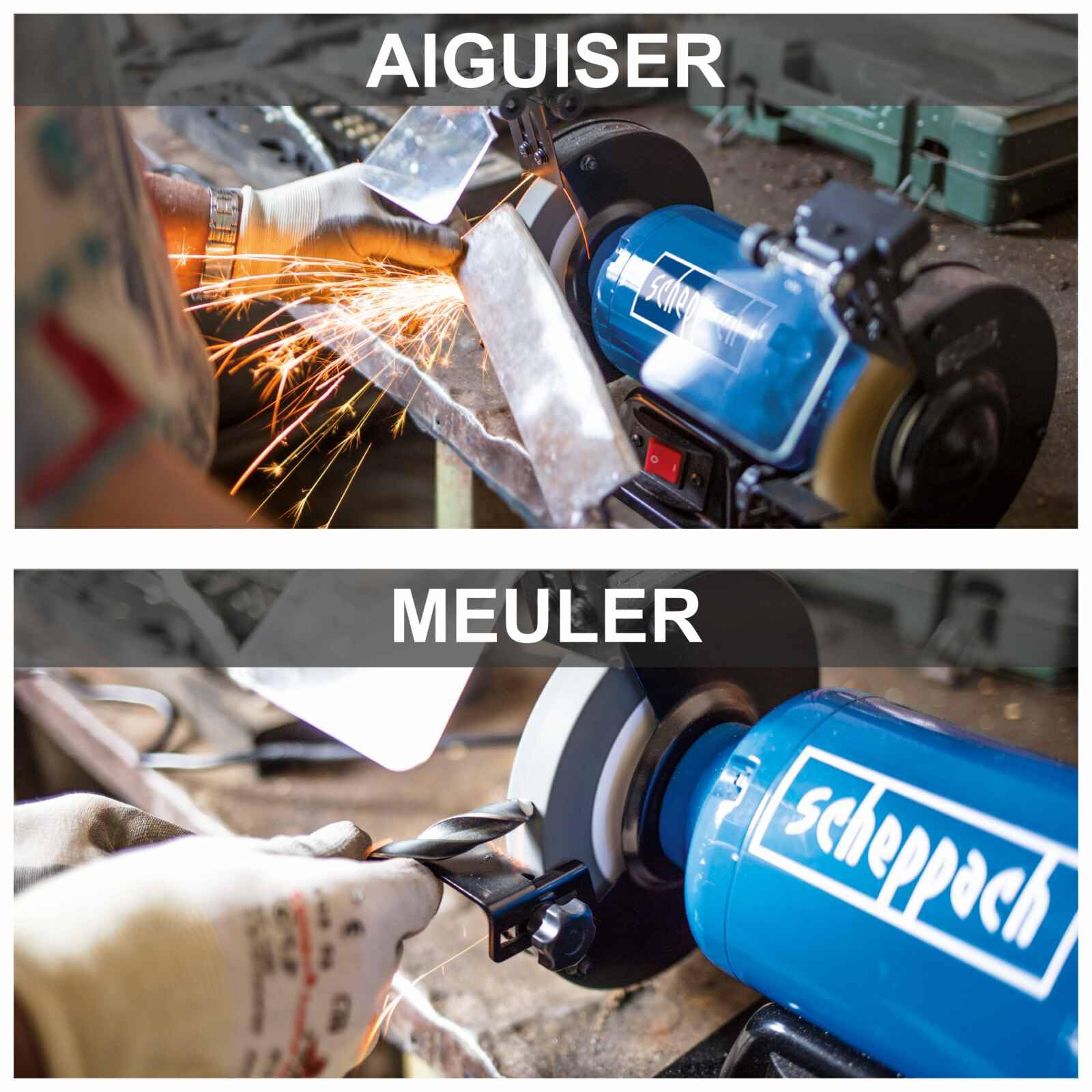 Scheppach Touret Mixte SM200LB | Puissance 500W | Pierre à aiguiser 200x20mm Grain 36 | Brosse métallique largeur 16mm | Avec éclairage LED