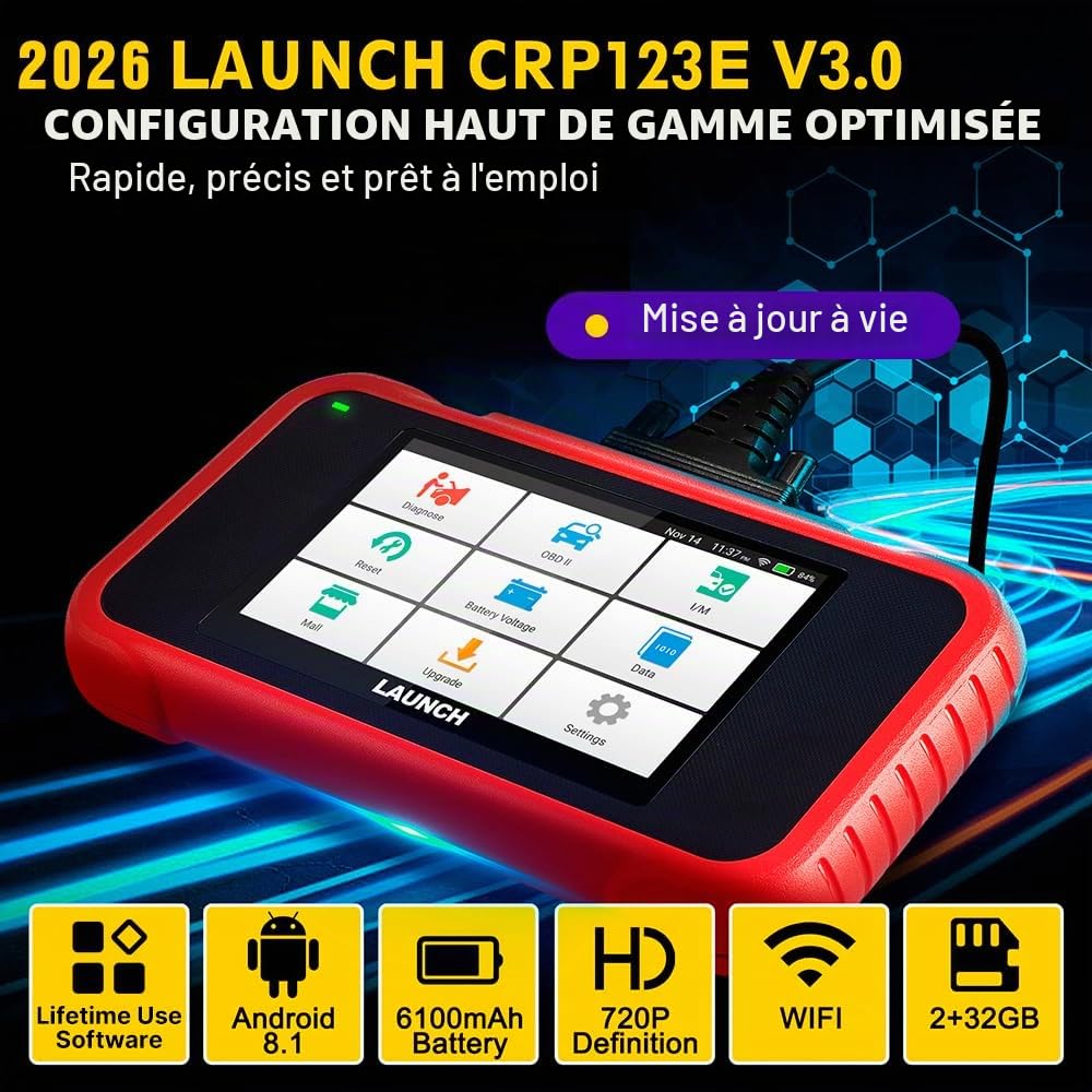 Launch Valise Diagnostic Auto Launch CRP123E V3.0 Diagnostic Voiture 4 Système Moteur ABS SRS at Diagnostic Voiture 7 Réinitialisations Huile EPB SAS BMS accélérateur DPF Réinitialisation Purge ABS