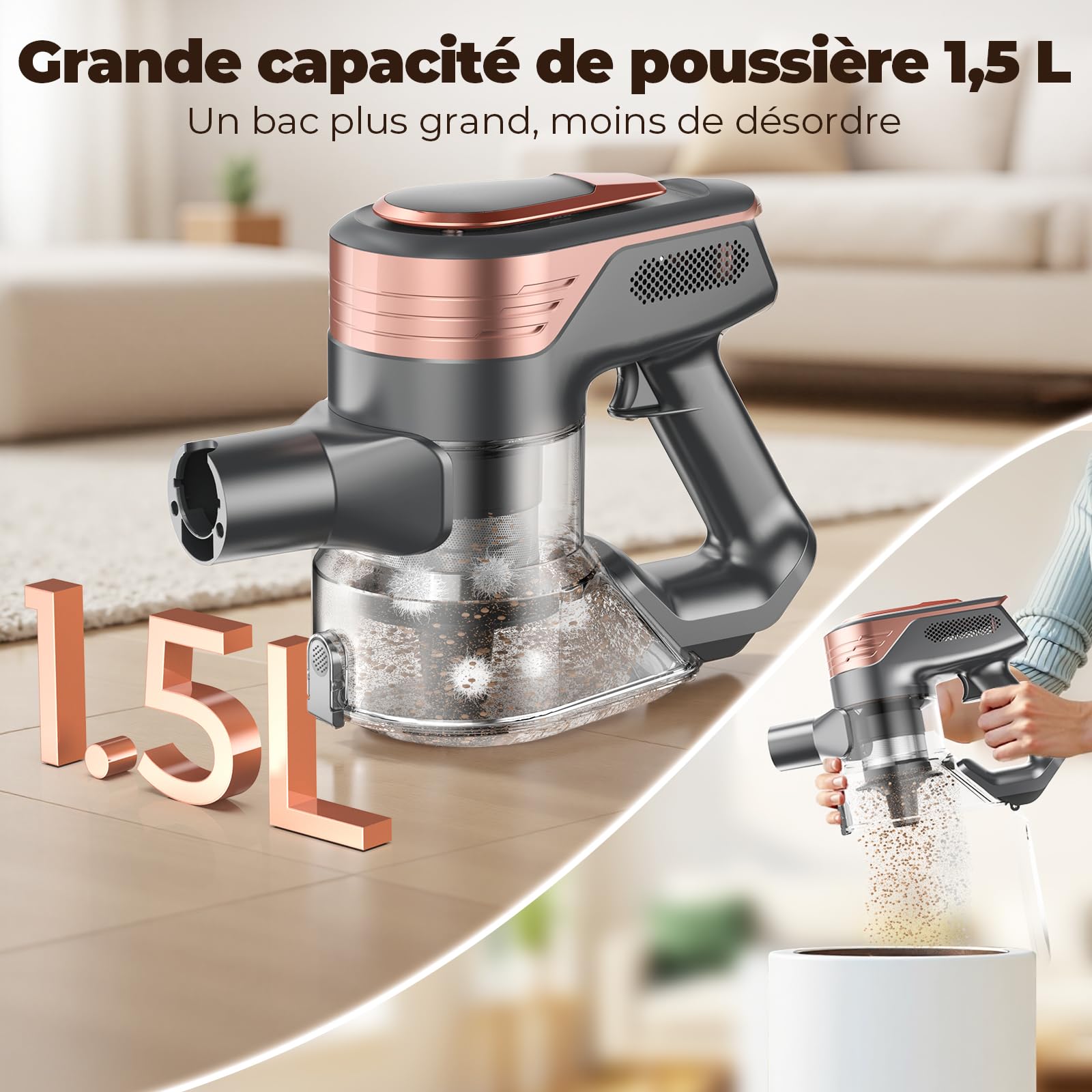 Aspirateur Balai sans Fil 300W, 45Min, Brosse Anti-Emmêlement, Batterie Amovible, Écran LED pour Tapis et Poils d‘Animaux (Jaune)