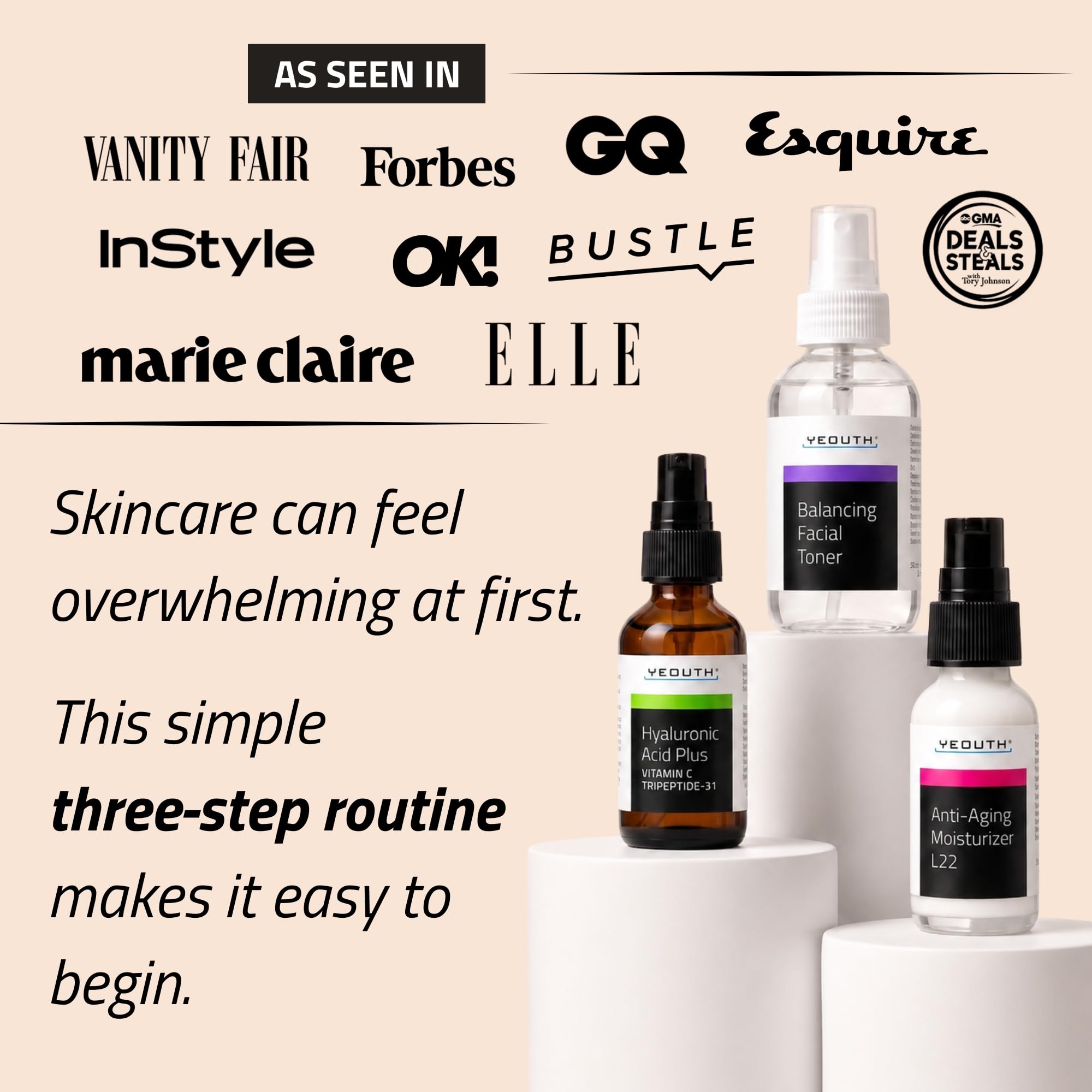 Essentials Anti Aging Skin Care für das Gesicht, Gesichtswasser, Hyaluronic Acid Face Serum, Gesichtscreme, Anti Aging Gesichtspflege für Damen & Männer von YEOUTH 3 x 30ml Set