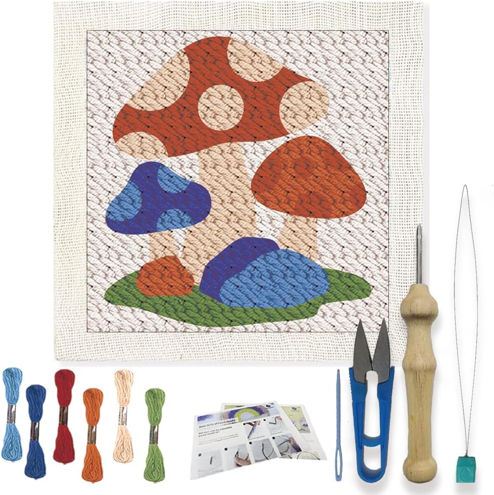 FREEBLOSS DIY Punch Needle Kit Mushroom Punch Needle Embroidery Wall Hanging Painting Kit for Beginners Poke Embroidery Dandelion Room Decor Already Framed, 9.4 * 9.4inch