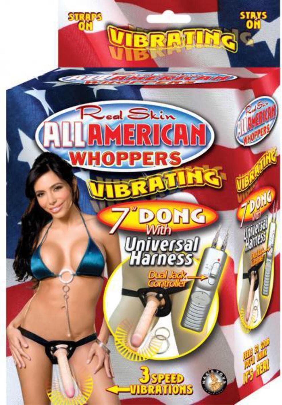 Real Skin All American Whoppers Vibrating Dong with Universal Harness Flesh Dildo, 7 Inch