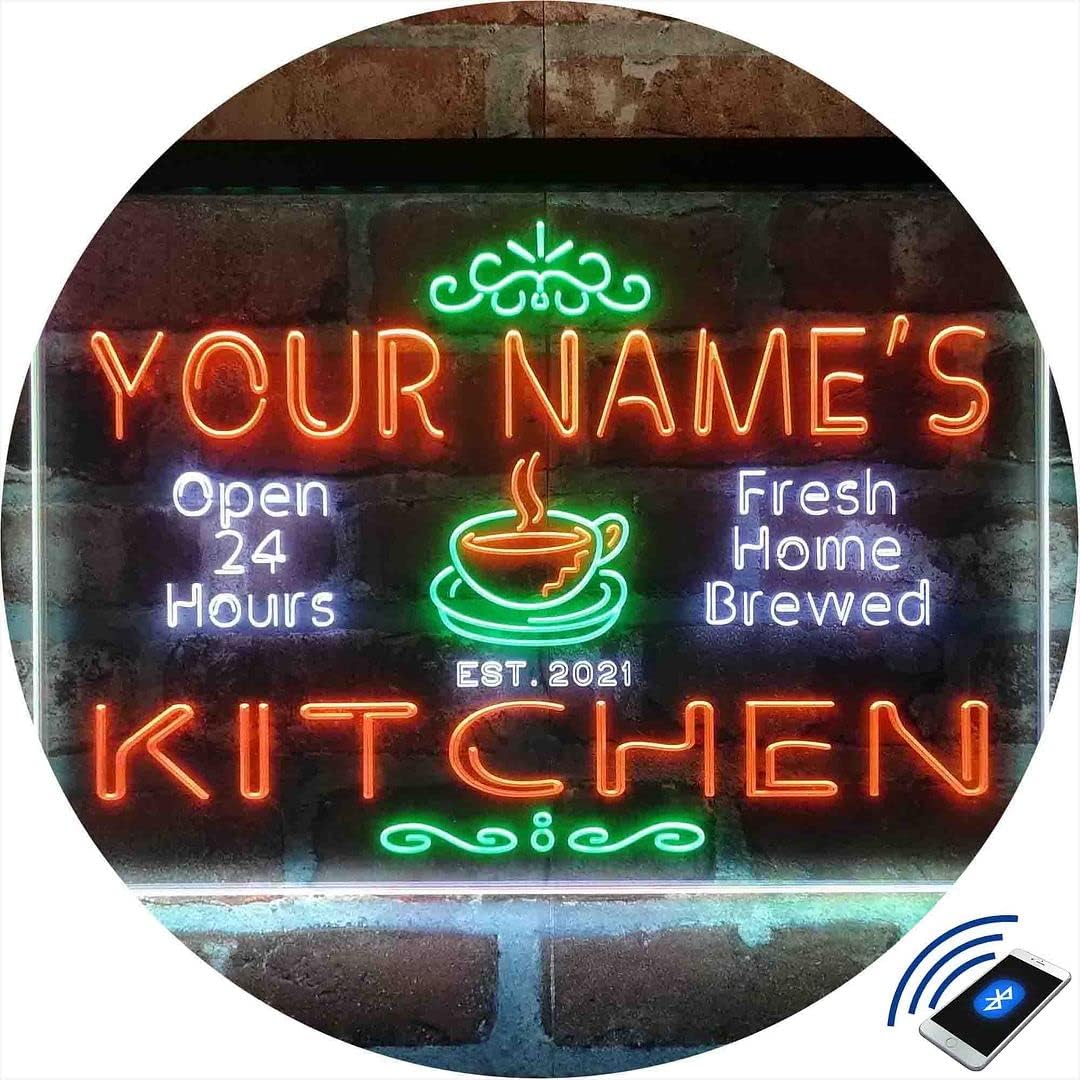 Personalized Kitchen Coffee Cup Tri-Color LED Neon Light Sign Customize Name Date Text Quote Font White & Green & Orange 17.7 x 13.6 Inches st9s43-pc1-tm-wgo
