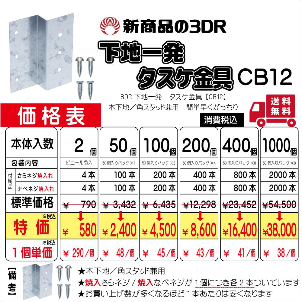 3DR 下地一発 タスケ金具 (CB12) 1000個入 ネジ4000本付 （¥38/