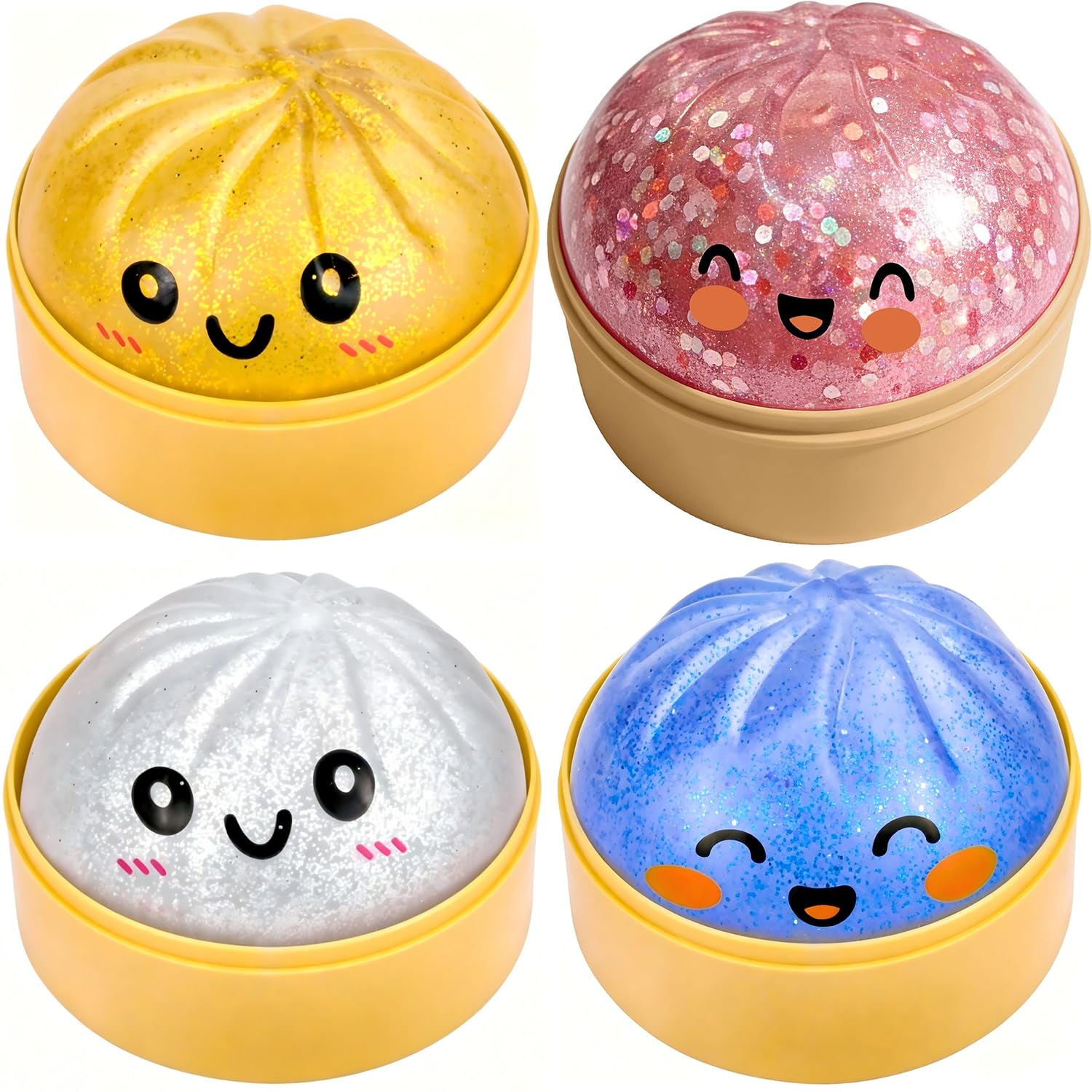 4Pcs Glitter Squishy - with Plastic Steamer Box，10cm Sensory Squishy,，Anxiety & Sensory Relief, Office, School & Daily Use