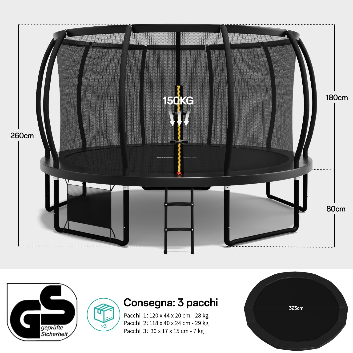 Flamaker Trampolino da giardino per bambini, diametro 366/427 cm, con rete, ancoraggio a terra, struttura stabile, resistente alle intemperie e antiruggine, trampolino da esterno per bambini e adulti