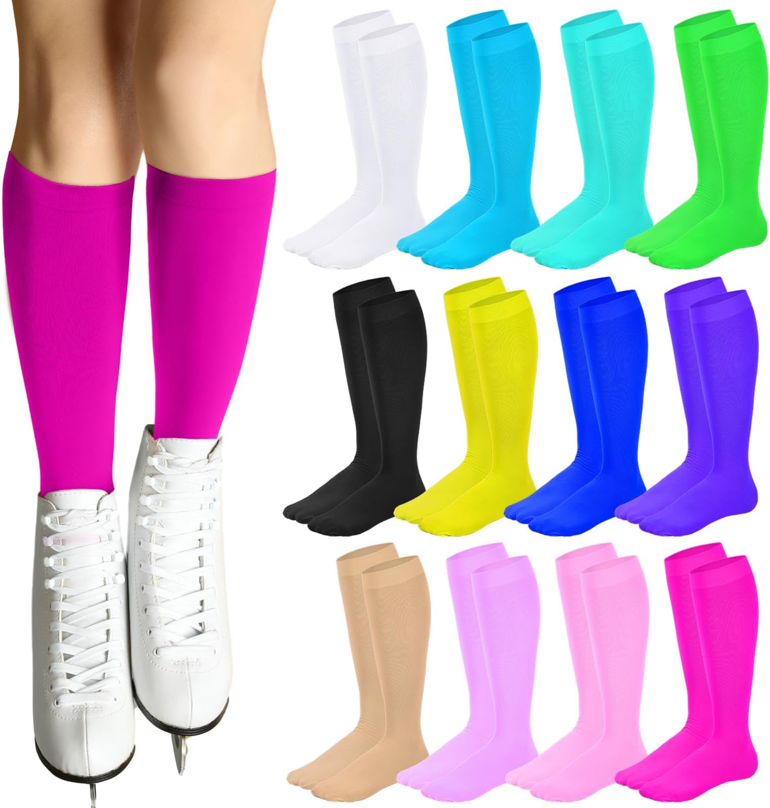 Toulite 12 Pairs Figure Skating Socks for Women Men Kids Ice Skating Socks Solid Color Roller Skate Socks