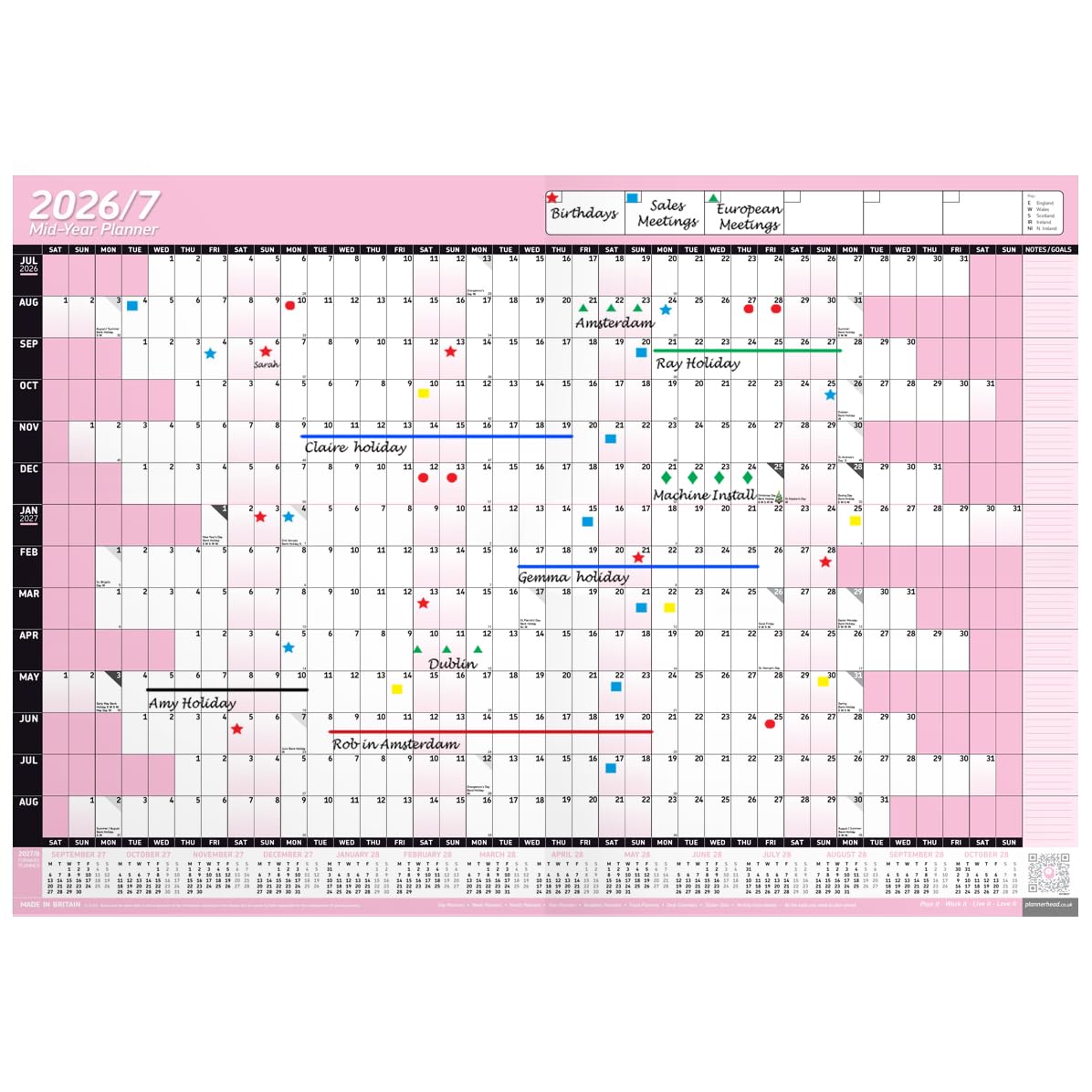 PlannerHead 2026/2027 Laminated Academic Wall Planner/Mid Year Calendar July 2026-August 2027 UK/Dry Wipe Pen & Stickers/Baby Pink A1+ 62cm x 88cm (Rolled)