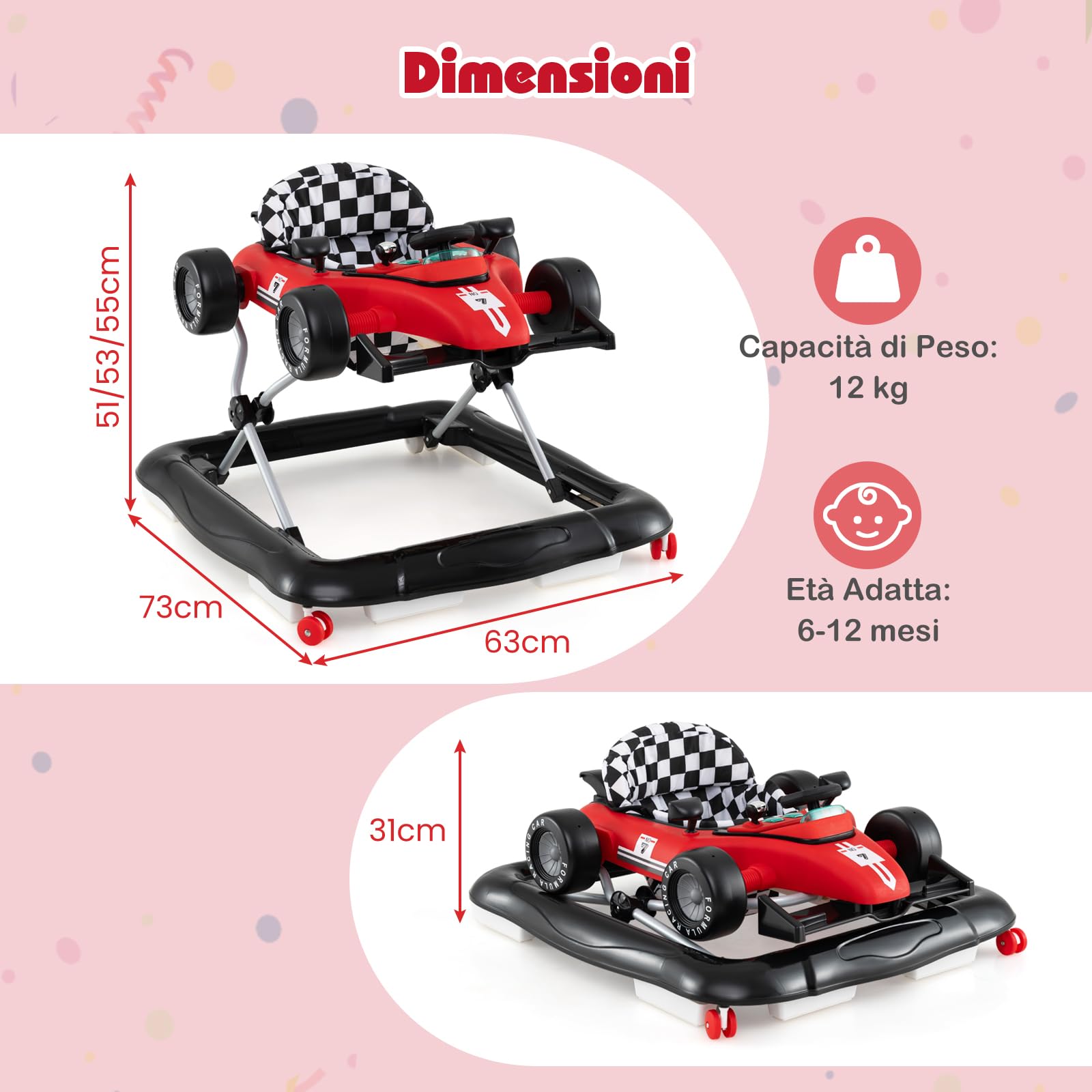 GYMAX 4 in 1 Girello a Spinta Neonato 6 a 12 Mesi, Carico 12kg, Pieghevole con Luci e Suoni, Altezza Regolabili, Carillon Rimovibile, Carrllo Primi Passi per Bambini, 73 x 63 x 51/53/55 cm
