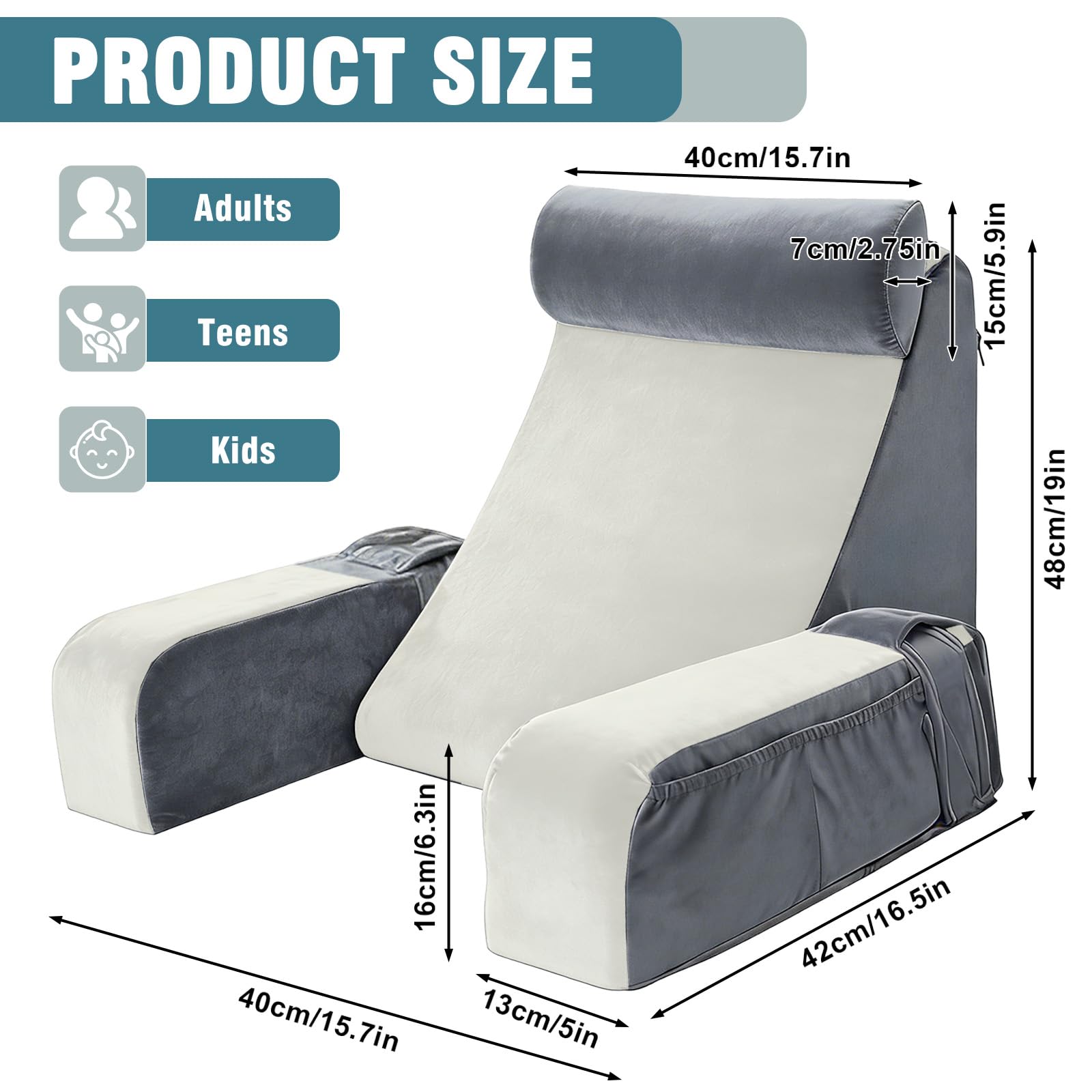 Cuscino da Lettura per Letto e Divano, Cuscino per Schienale Letto con Braccioli rimovibili, Cuscino per Schienale per Lettura, Lavoro o TV, Comodo Cuscino per Adulti (Grigio Bianco)