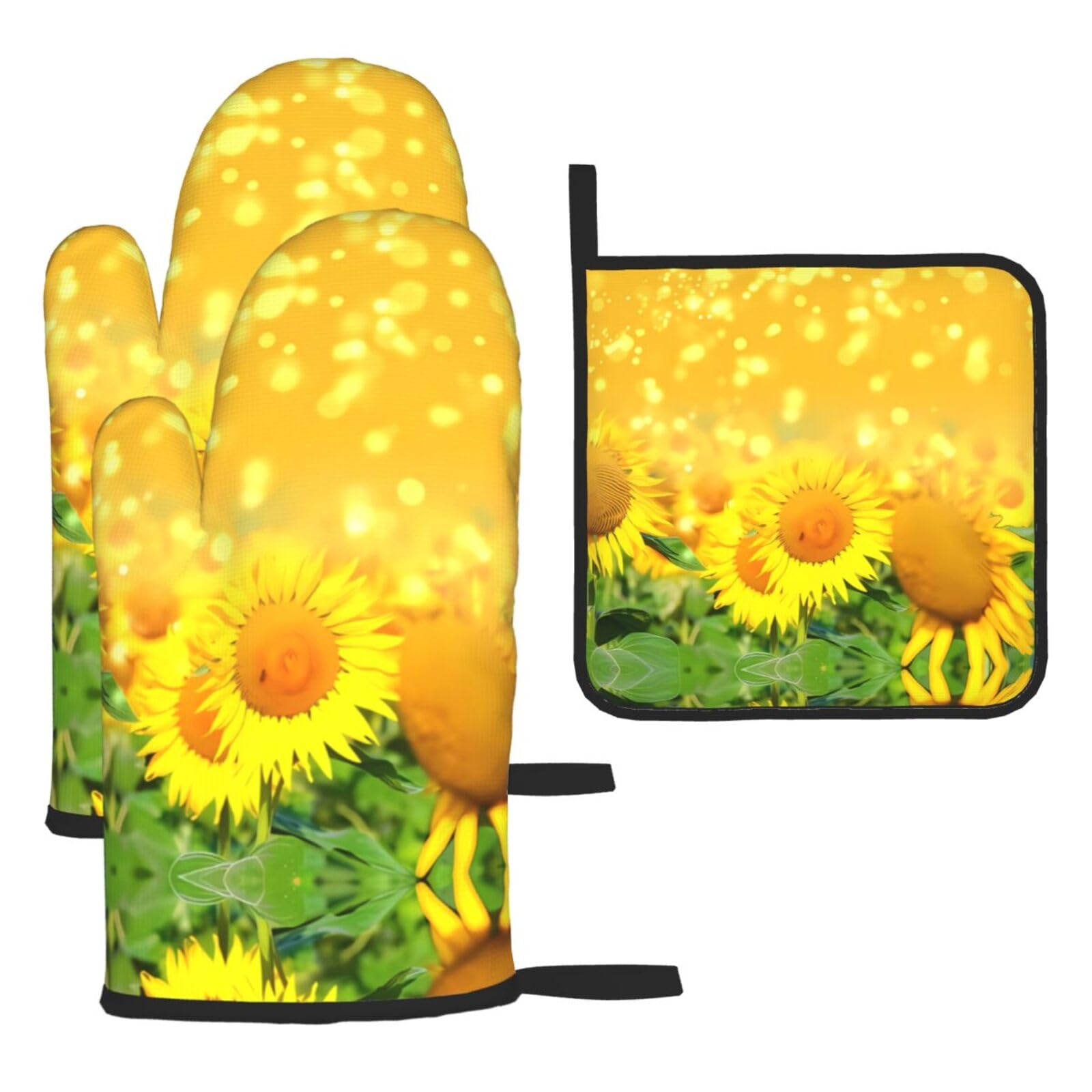Sunflower Field Printed Oven Mitt Set 3-Piece | Heat Resistant Gloves & Pot Holder Mat for Cooking, Baking & BBQ