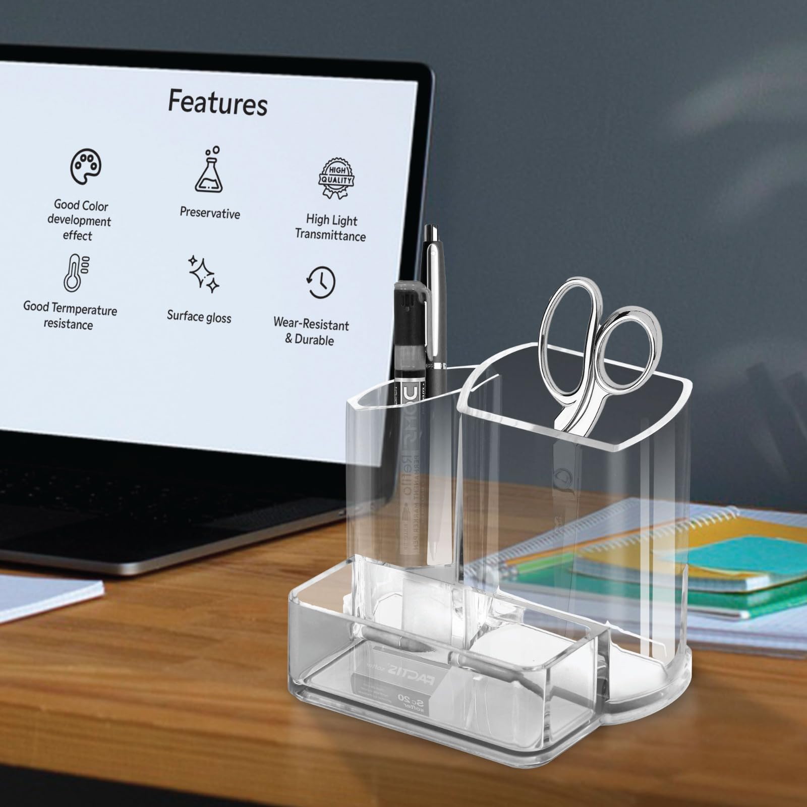 GROB Prismo 3 in 1 Acrylic Pen Holder | 3 Compartment Desk Organizer | for Makeup Brushes & Stationery 4