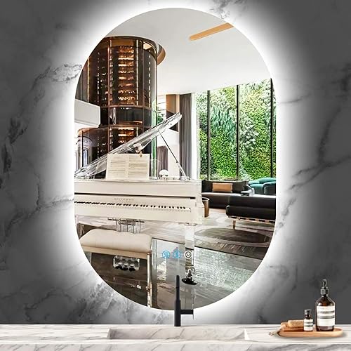 Miniatura 8 de Espejo de tocador ovalado retroiluminado de 16 x 24 pulgadas con luces, espejo ovalado iluminado para baño, antiniebla, 3 colores, regulable,