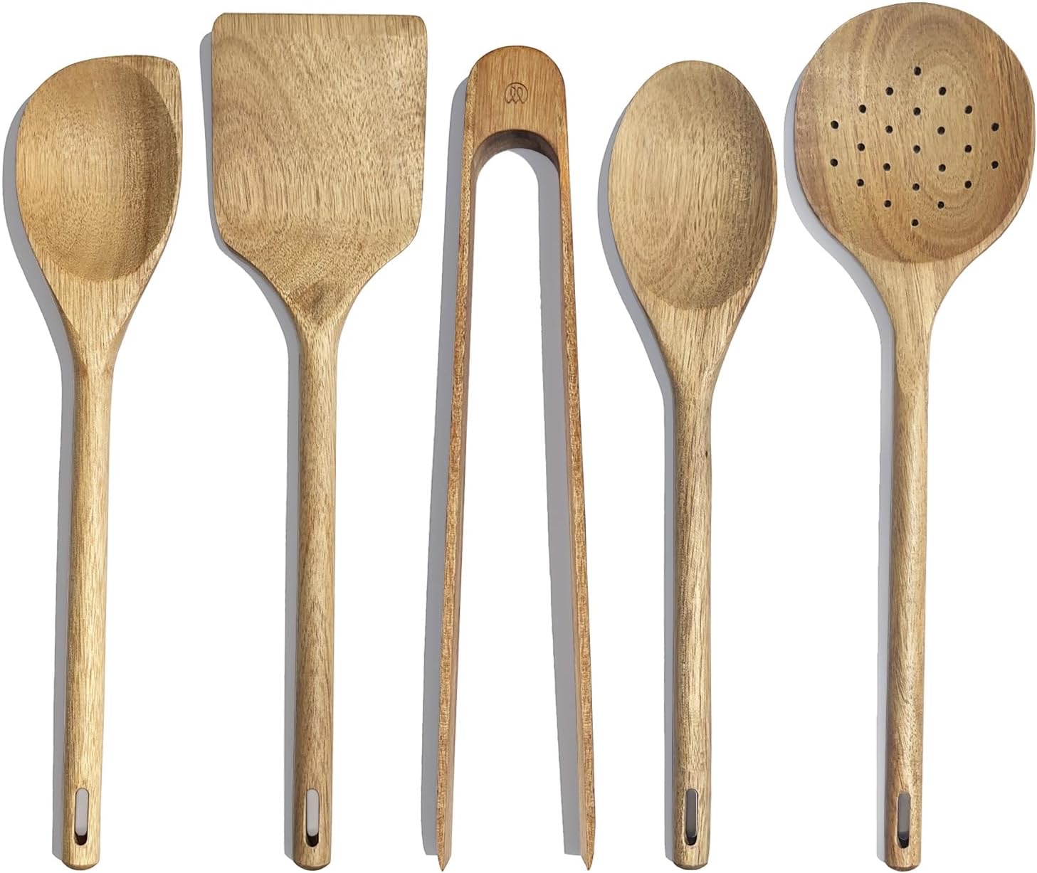 Mitus Non-Toxic Wooden Cooking Utensils – 5 Pcs Natural Acacia Hardwood Set for Nonstick Pans & Cookware – Kitchen Gift Set (Wooden Spoons, Skimmer, Tongs, Spatula)
