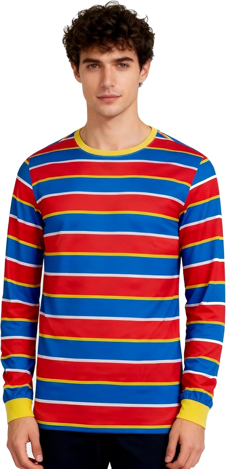 60 70s Adult Men's Neck Pullover Shirt Costume Cosplay Stripe Long Sleeve Shirt