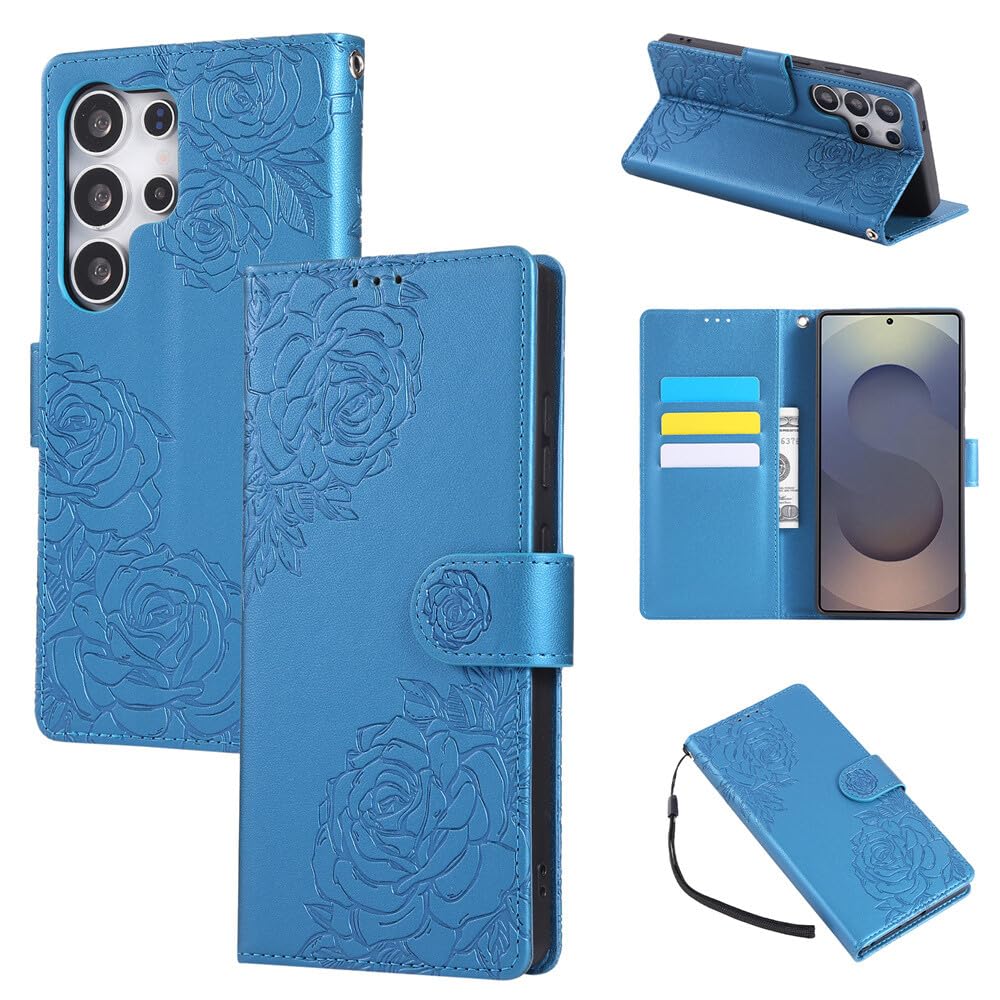 Étui pour Samsung S22 bleu en cuir fleuri à rabat - 7