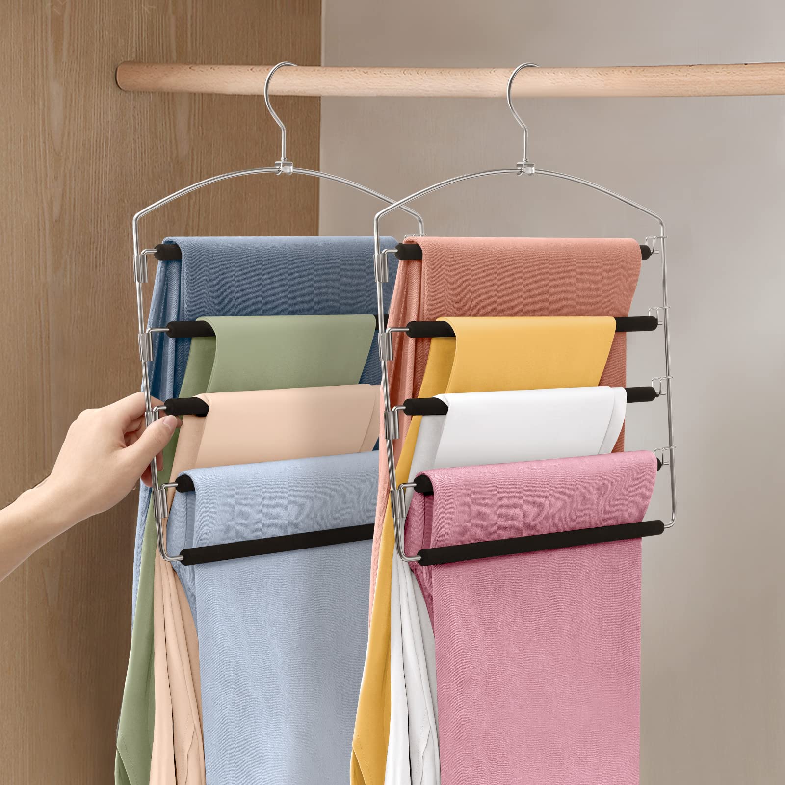 Housolution Cintre Pantalon à 5 Couches, 4 PCS Métal Cintre Gain de Place, Porte-Pantalons avec Crochet Rotatif à 360° et Tige Amovible pour Vêtements, Pantalons, Écharpes et Cravates, Noir