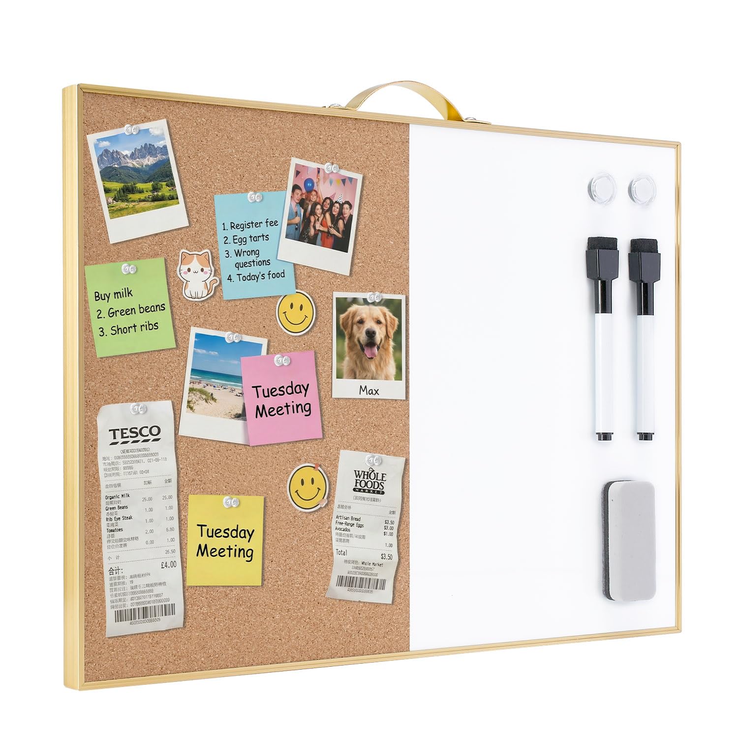 TSJ OFFICE Small Combination Board - 12" X 16" Portable Aluminum Gold Framed Magnetic Dry Erase Board for Wall, Small Bulletin Cork Board with Holder for Office, Home and School