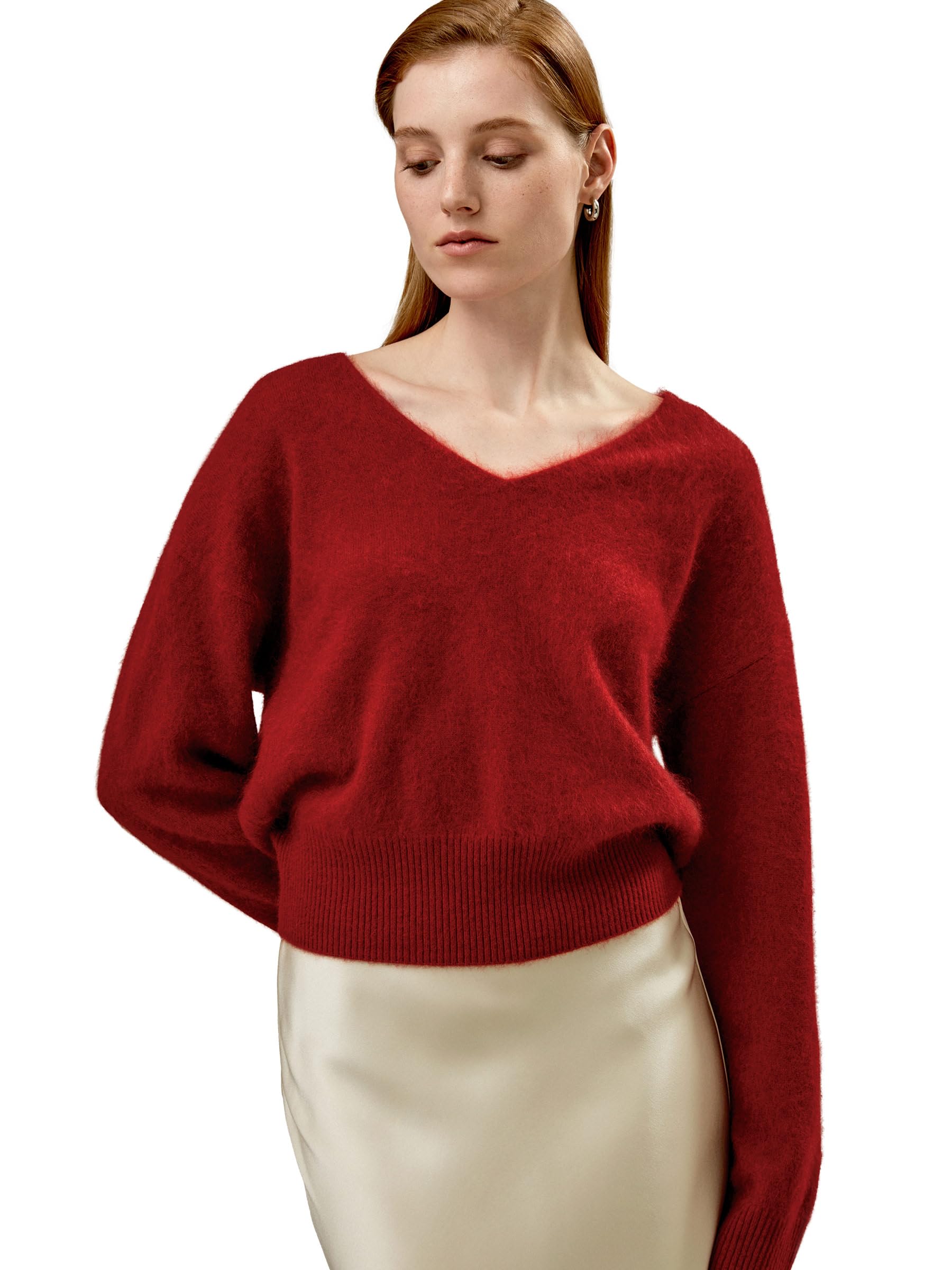 LilySilk Cropped V-Neck 100% Cashmere Sweater for Women Cinched Waist Warm Pullover for Fall Winter
