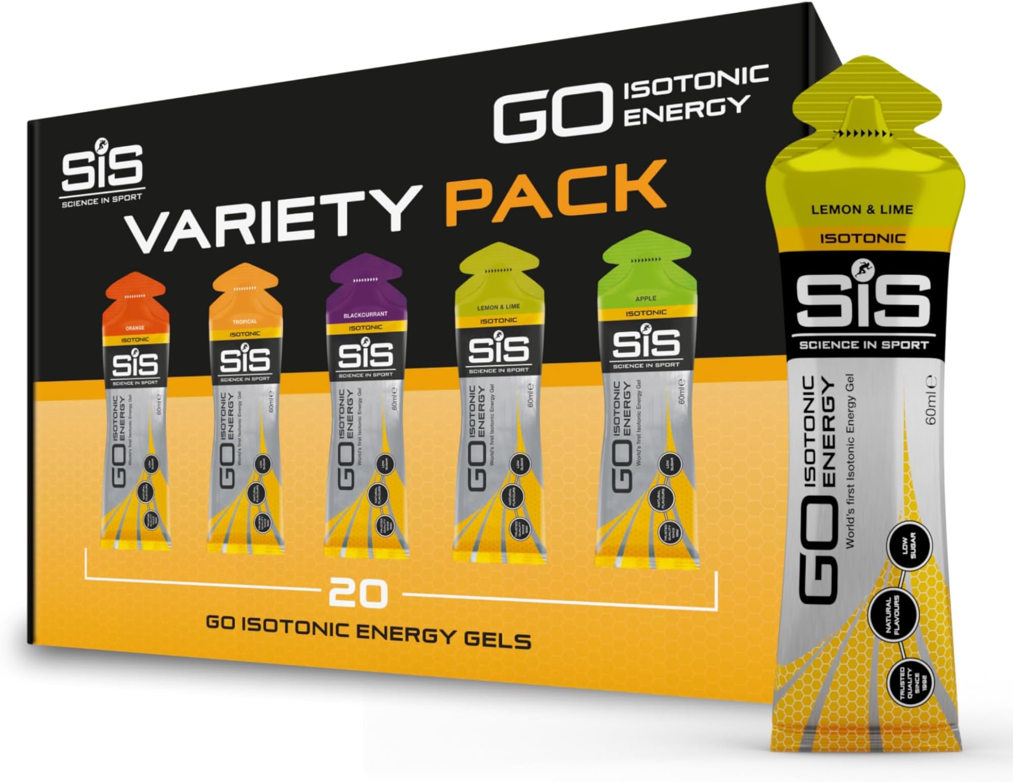 GO Isotonic Energy Gels, Running Gels with 22g Carbohydrates, Low Sugar, Variety Pack of Assorted Flavours, 60ml Per Serving (20 Pack)