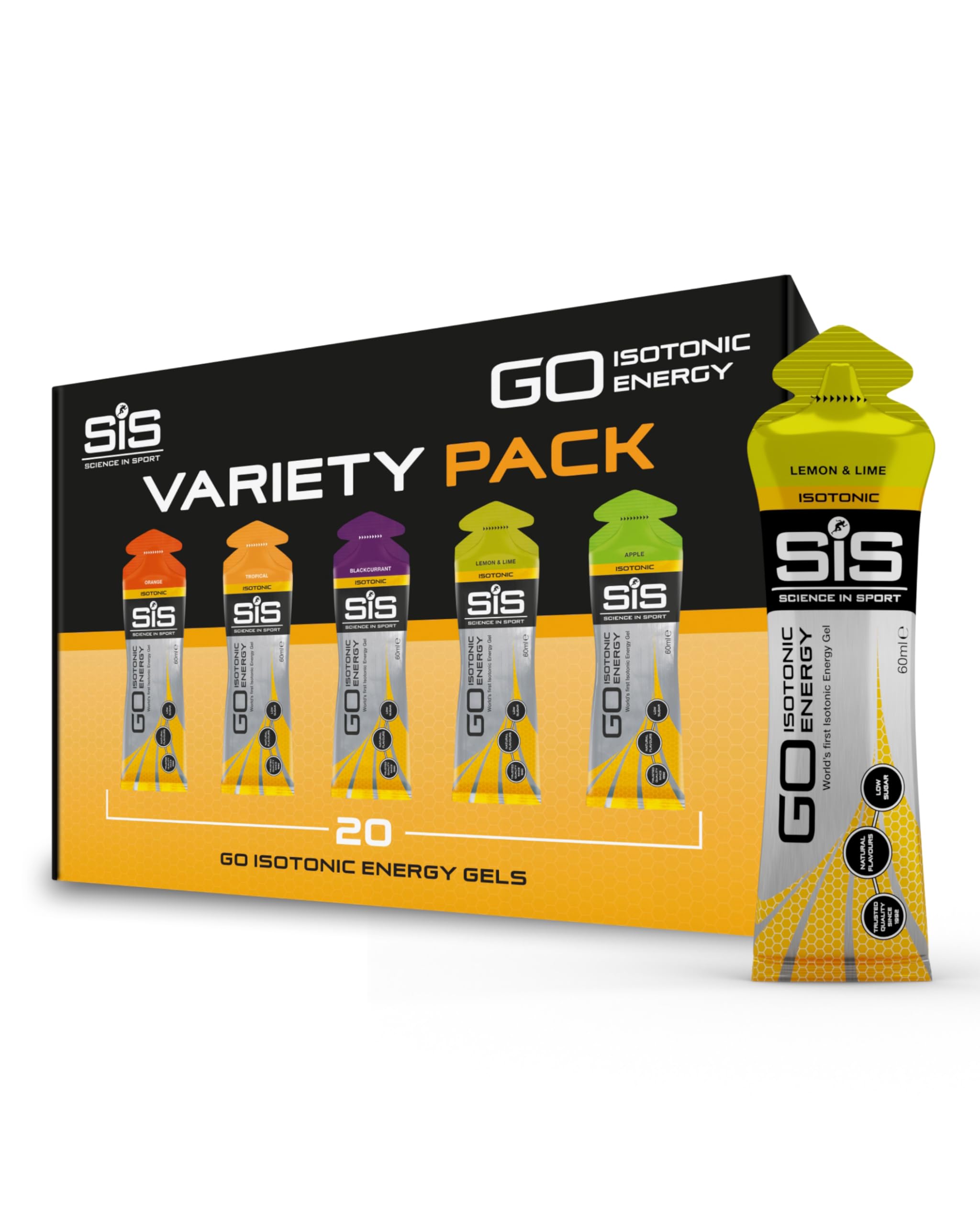 Science In Sport GO Isotonic Energy Gels, Running Gels with 22g Carbohydrates, Low Sugar, Variety Pack of Assorted Flavours, 60ml Per Serving (20 Pack)